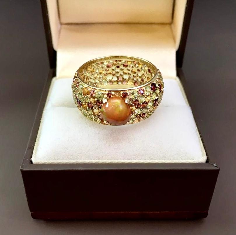 0.8 Carat Mexican Fair Opal Peridot Citrine Garnet 14 Karat Yellow Gold Ring 1