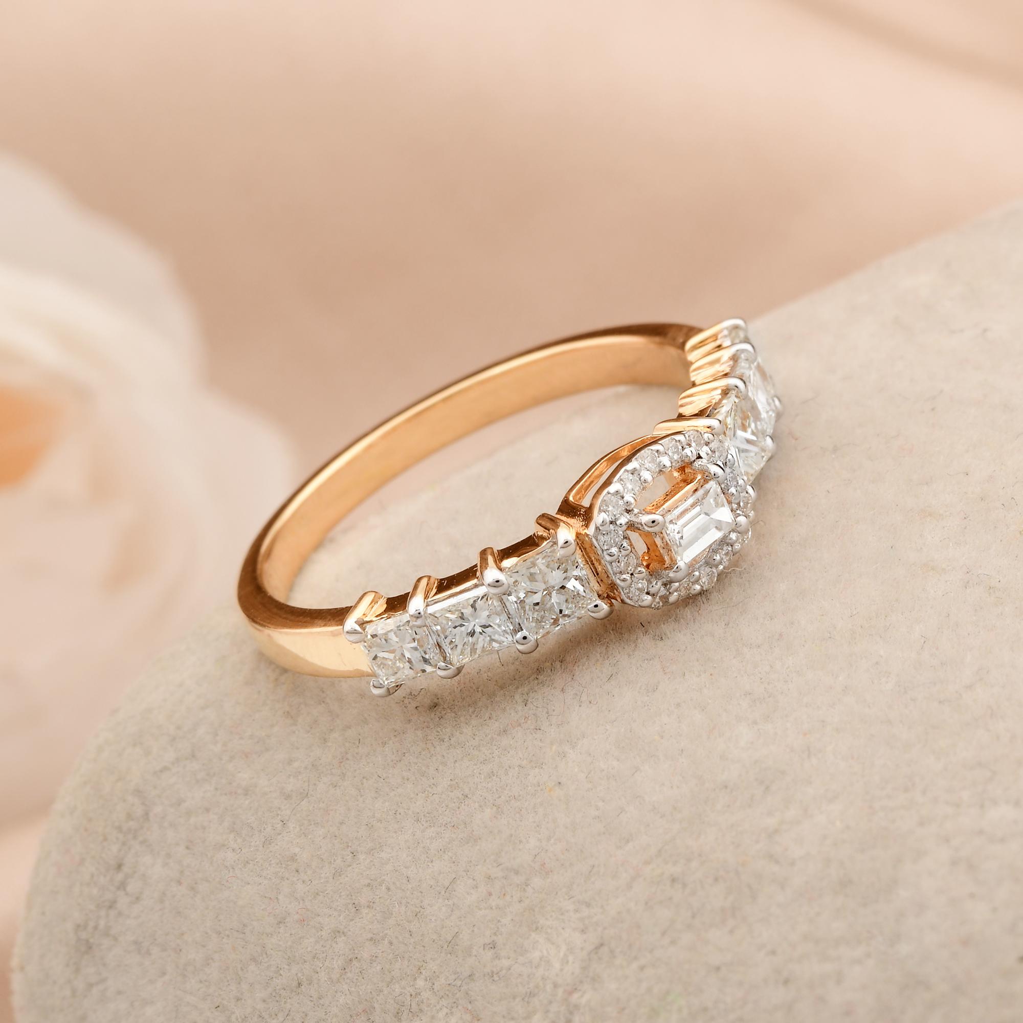 Modern 0.8 Carat Round Baguette & Emerald Cut Diamond Ring 18 Karat Yellow Gold Jewelry For Sale