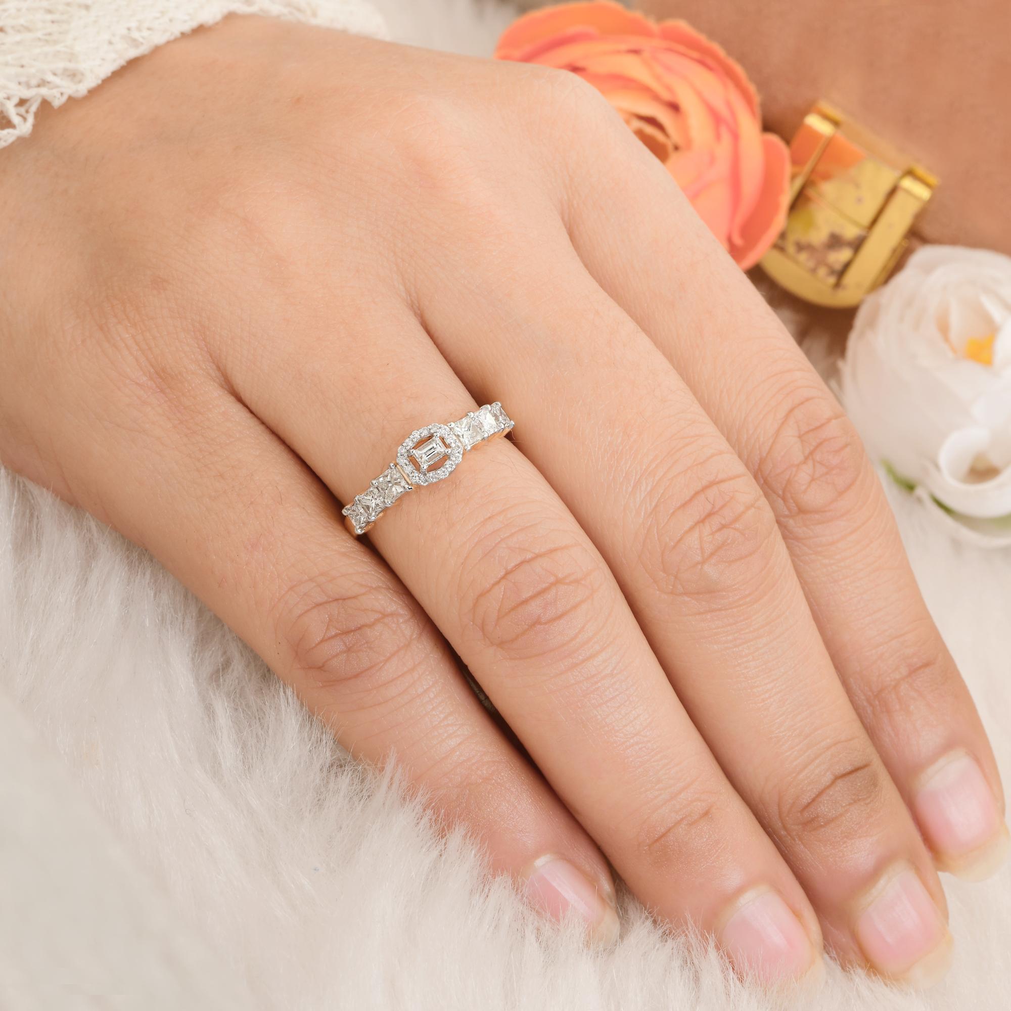 Women's 0.8 Carat Round Baguette & Emerald Cut Diamond Ring 18 Karat Yellow Gold Jewelry For Sale