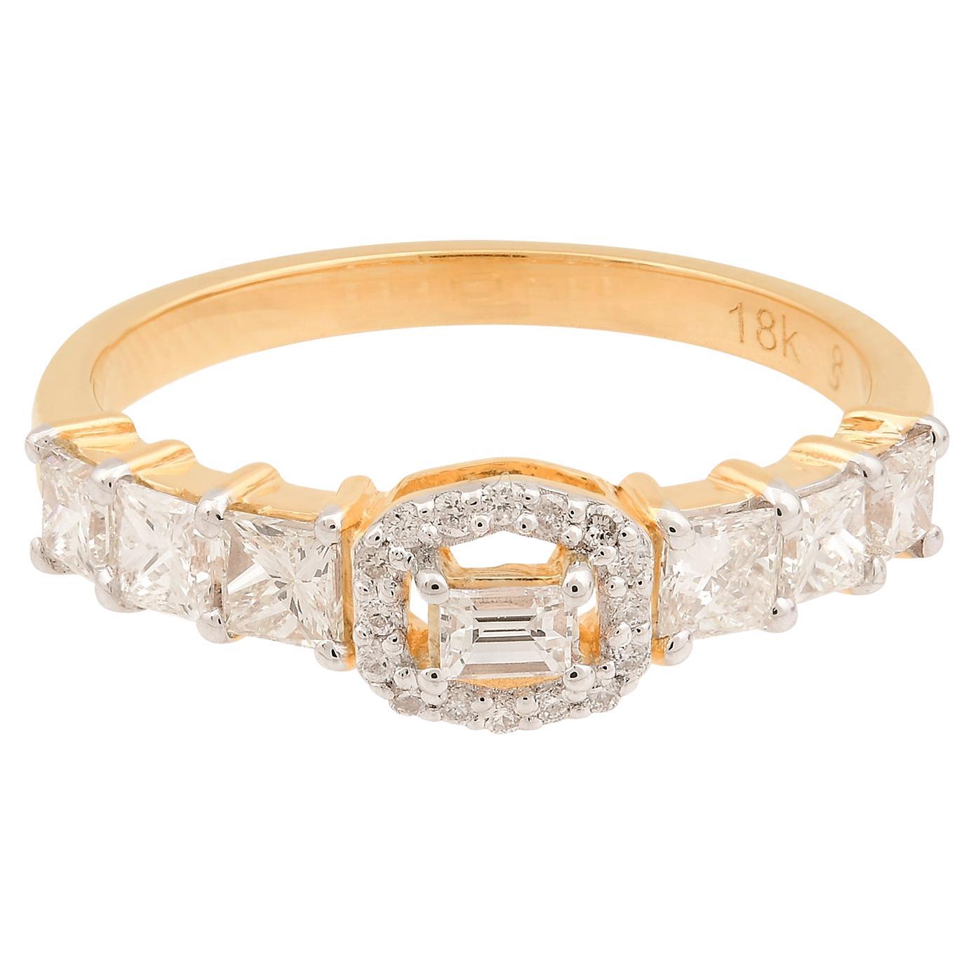 0.8 Carat Round Baguette & Emerald Cut Diamond Ring 18 Karat Yellow Gold Jewelry For Sale