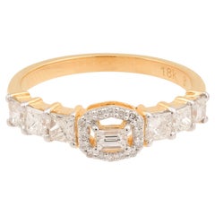 0.8 Carat Round Baguette & Emerald Cut Diamond Ring 18 Karat Yellow Gold Jewelry