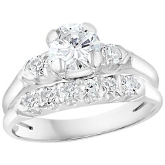 Retro Approximately 0.6 Ct Solitaire Round Center Diamond 14 Kt White Gold Ring & Band