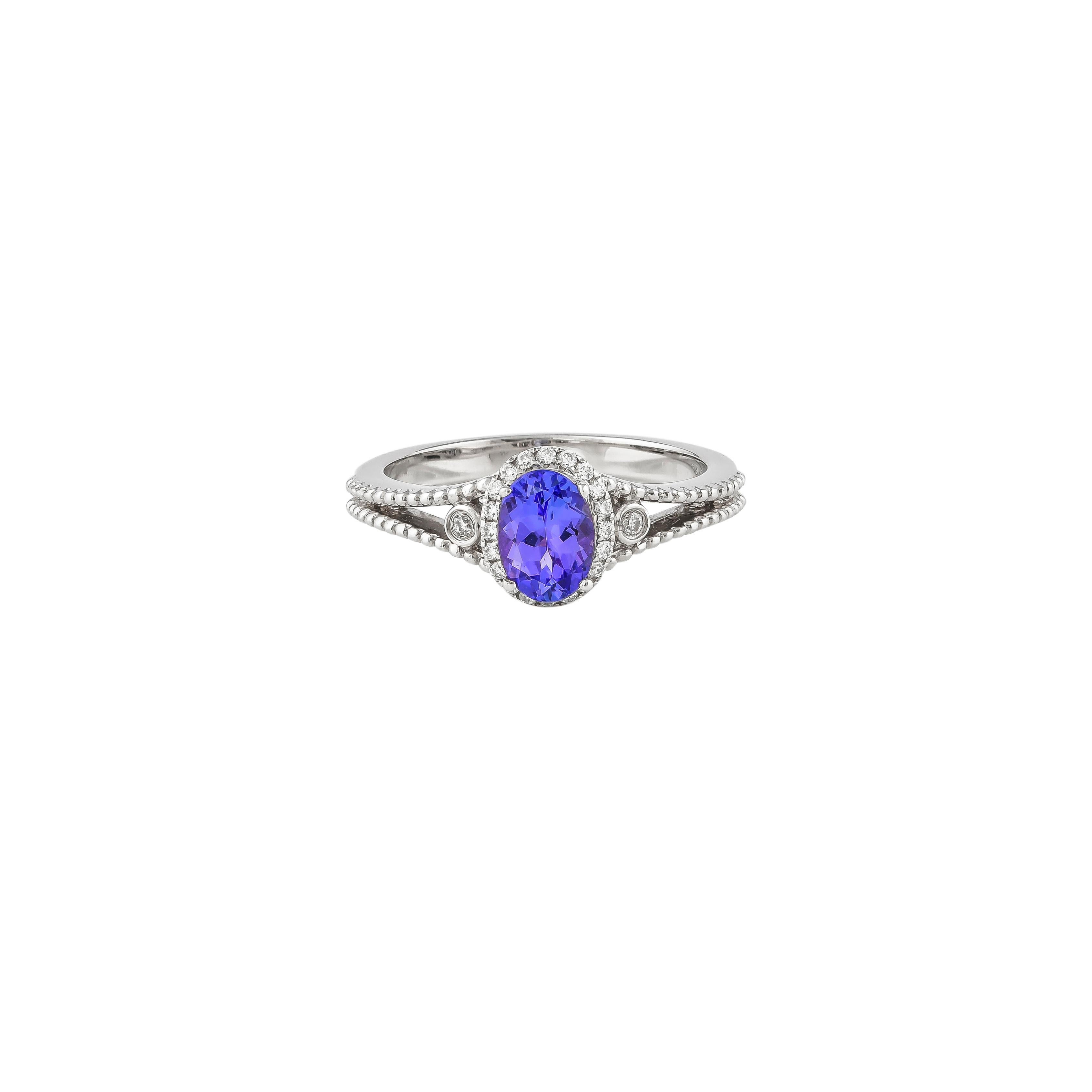 Oval Cut 0.8 Carat Tanzanite and White Diamond Ring in 18 Karat White Gold with Milgrain For Sale