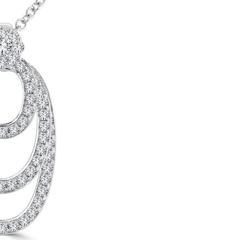 0.8 Carat Three Tier Oval Frame Dangle Diamond Pendant Necklace in 18k White In New Condition For Sale In New York, NY