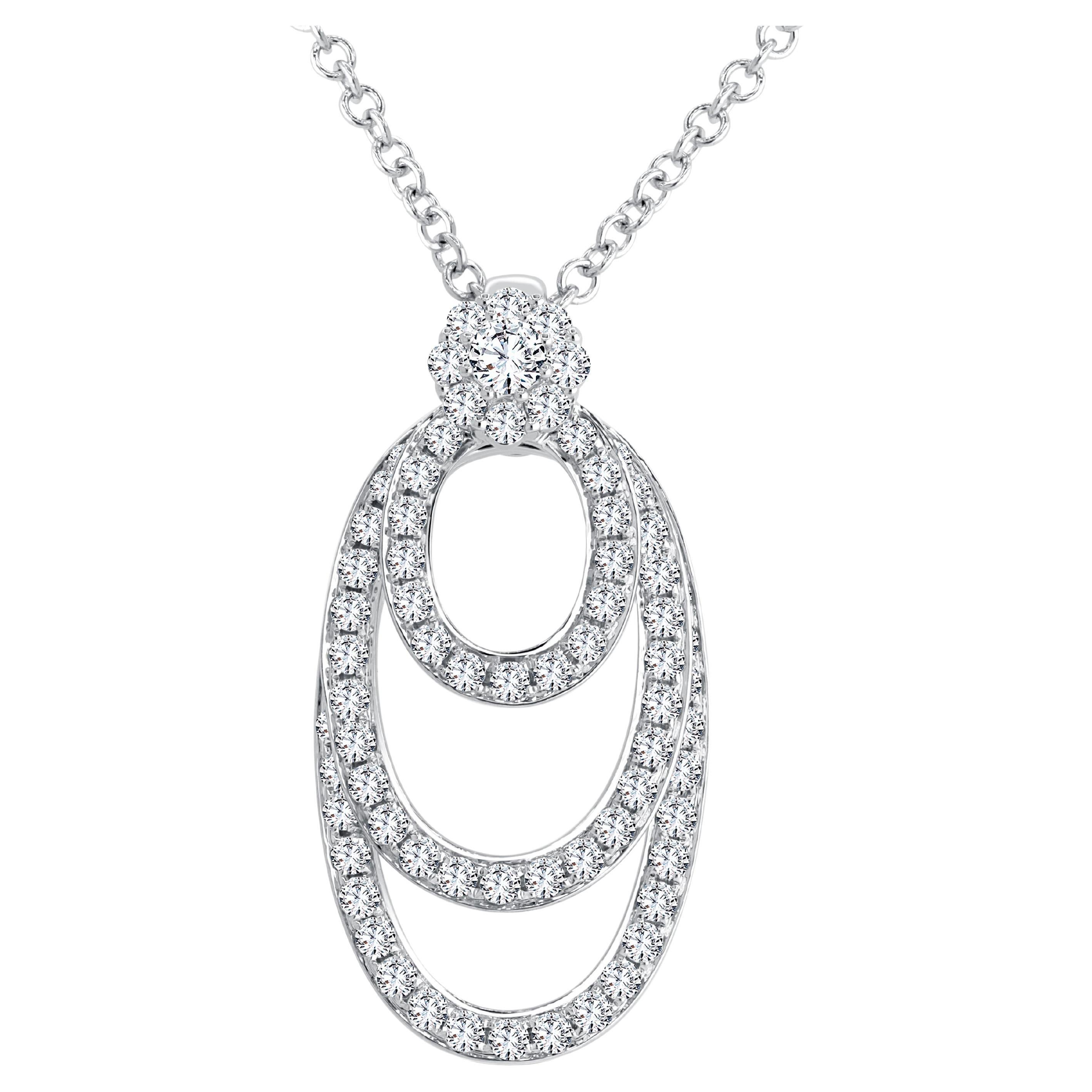 0.8 Carat Three Tier Oval Frame Dangle Diamond Pendant Necklace in 18k White