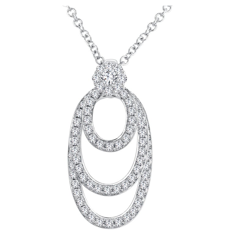 0.8 Carat Three Tier Oval Frame Dangle Diamond Pendant Necklace in 18k White For Sale
