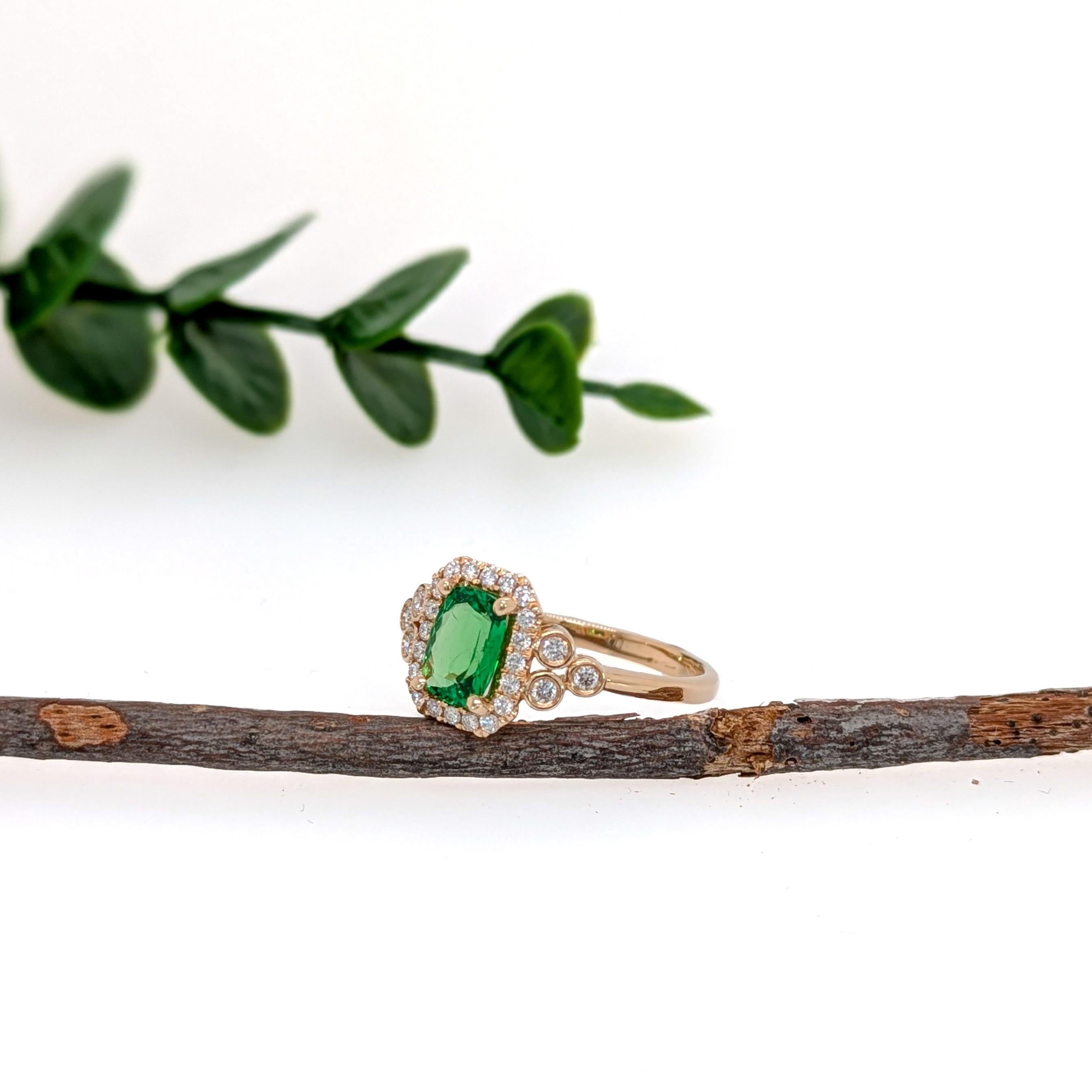Cushion Cut 0.8 Carat Tsavorite Garnet Ring with natural Diamond Halo in 14K Gold  CU 7x5mm For Sale