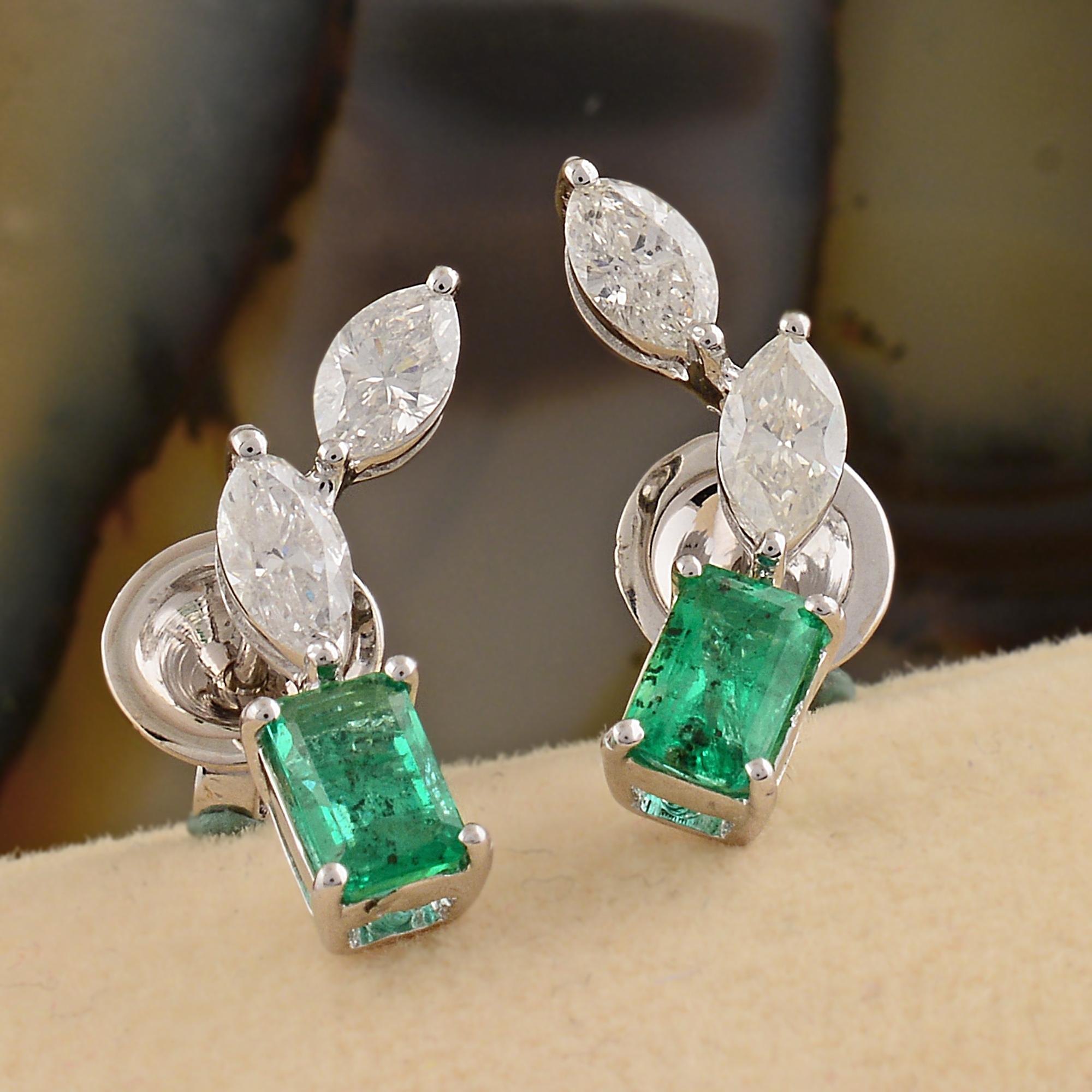 Modern 0.8 Carat Zambian Emerald 0.86 Ct SI/H Marquise Diamond 18k White Gold Earrings For Sale