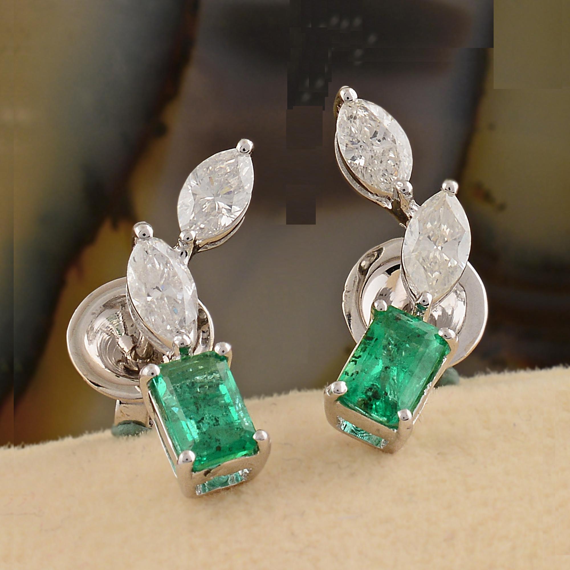 Emerald Cut 0.8 Carat Zambian Emerald 0.86 Ct SI/H Marquise Diamond 18k White Gold Earrings For Sale