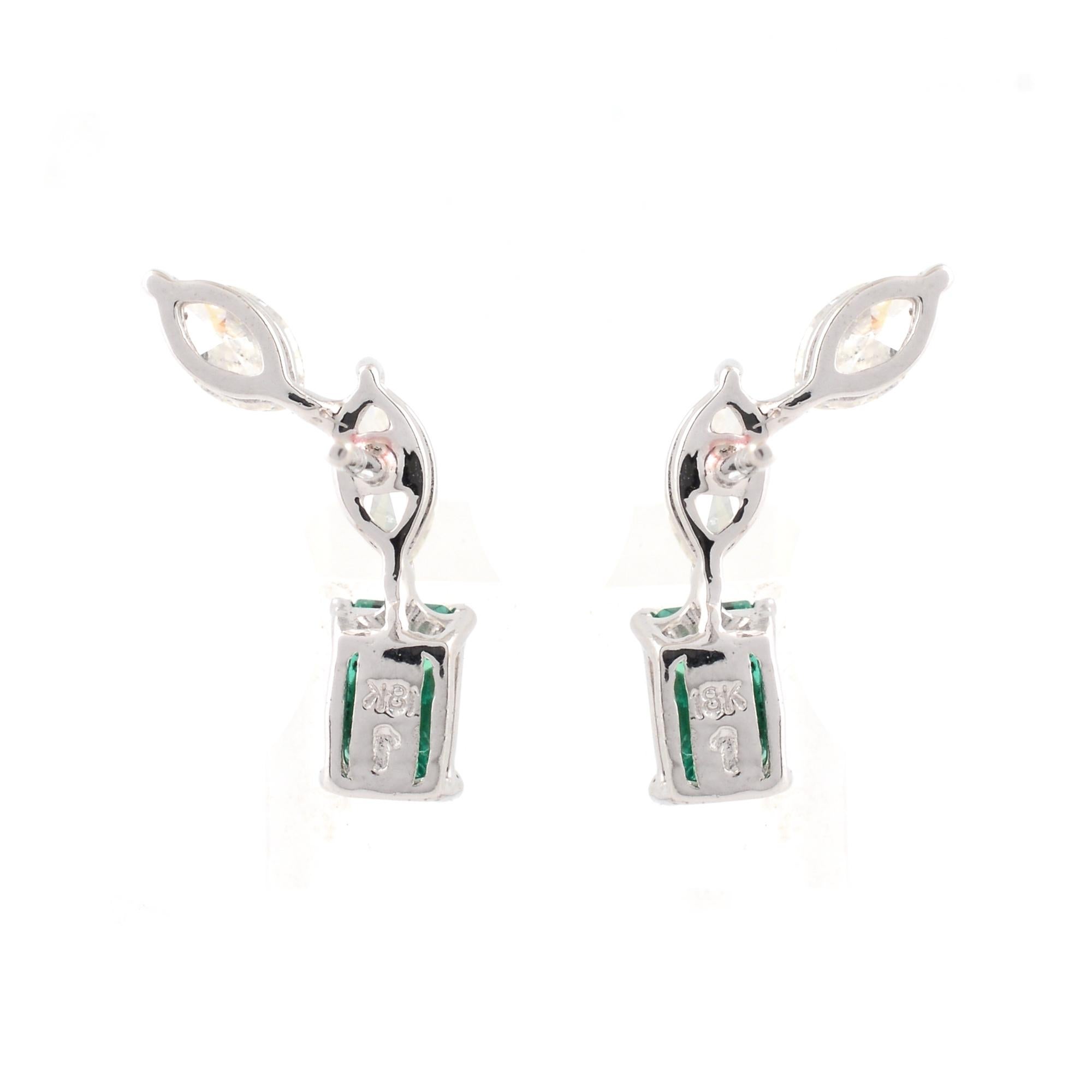 0.8 Carat Zambian Emerald 0.86 Ct SI/H Marquise Diamond 18k White Gold Earrings In New Condition For Sale In Diera, Dubai