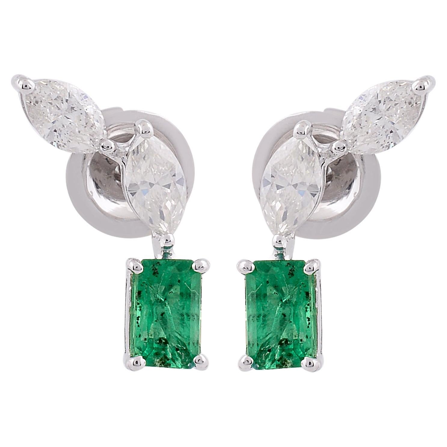 0.8 Carat Zambian Emerald 0.86 Ct SI/H Marquise Diamond 18k White Gold Earrings For Sale