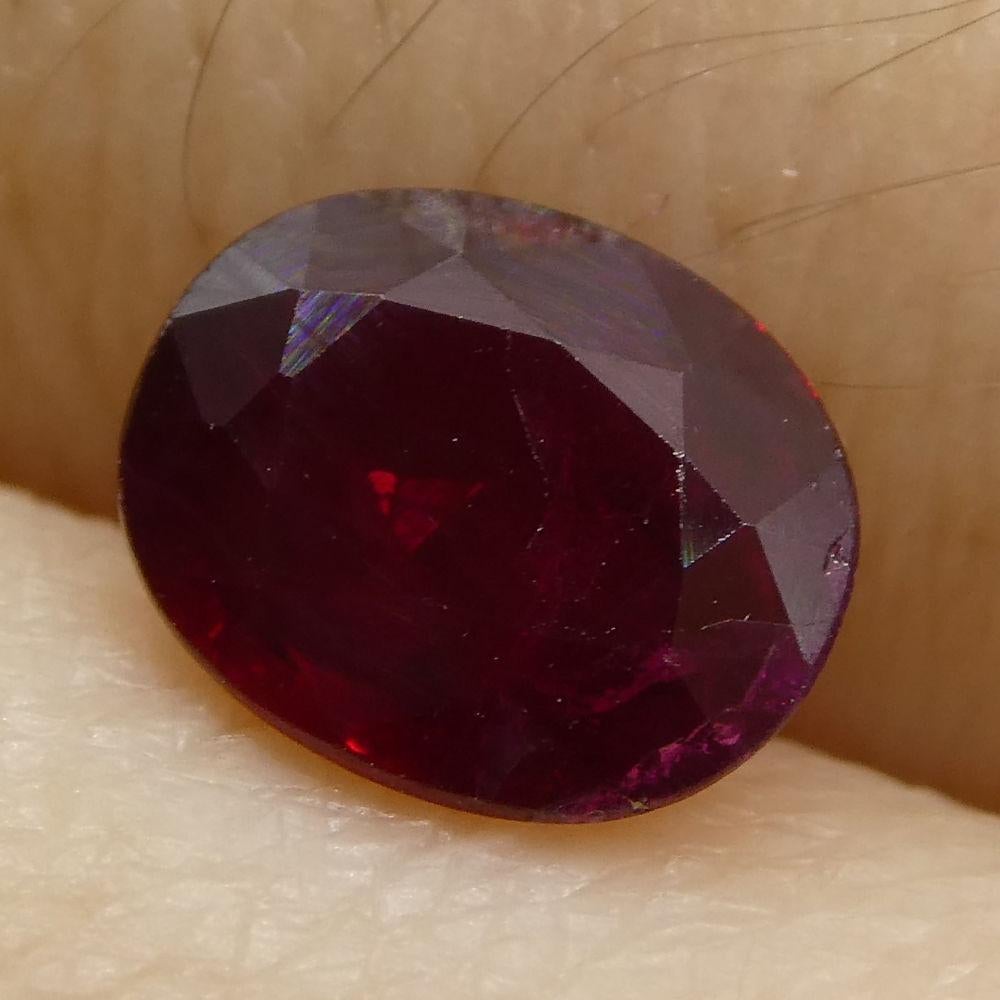 Description:

Gem Type: Ruby
Number of Stones: 1
Weight: 0.8 cts
Measurements: 6.62x5.49x2.38 mm
Shape: Oval
Cutting Style Crown: Modified Brilliant
Cutting Style Pavilion: Step Cut
Transparency: Transparent
Clarity: Moderately Included: Inclusions