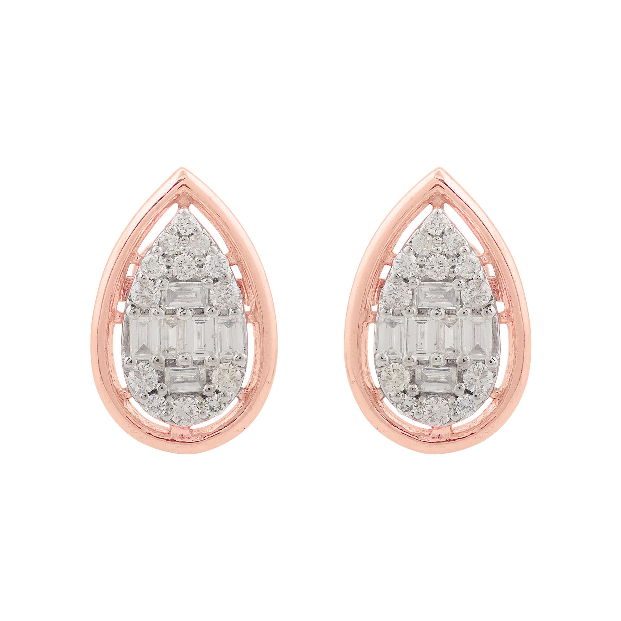 With a focus on quality and craftsmanship, these earrings showcase diamonds of SI clarity and HI color, ensuring a captivating sparkle that catches the light from every angle. The warm, rosy hue of the rose gold setting adds a touch of romantic