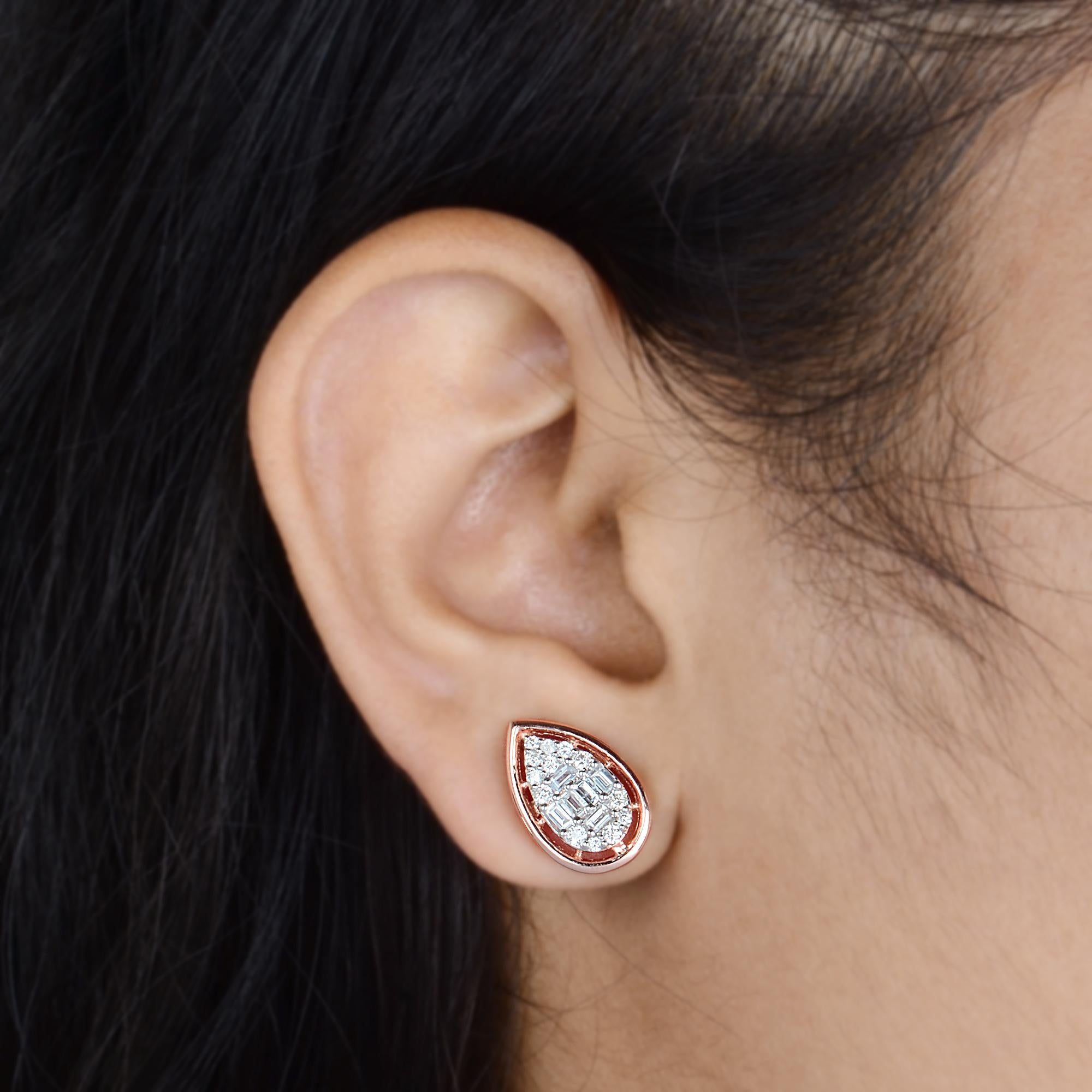 Modern 0.8 Ct. SI Clarity HI Color Baguette Diamond Stud Earrings 10 Karat Rose Gold For Sale