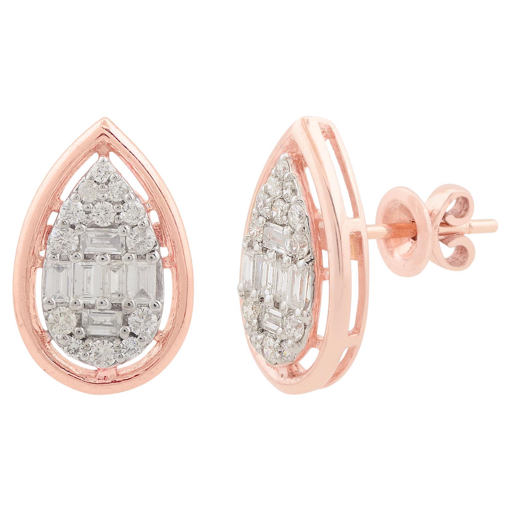 0.8 Ct. SI Clarity HI Color Baguette Diamond Stud Earrings 10 Karat Rose Gold For Sale