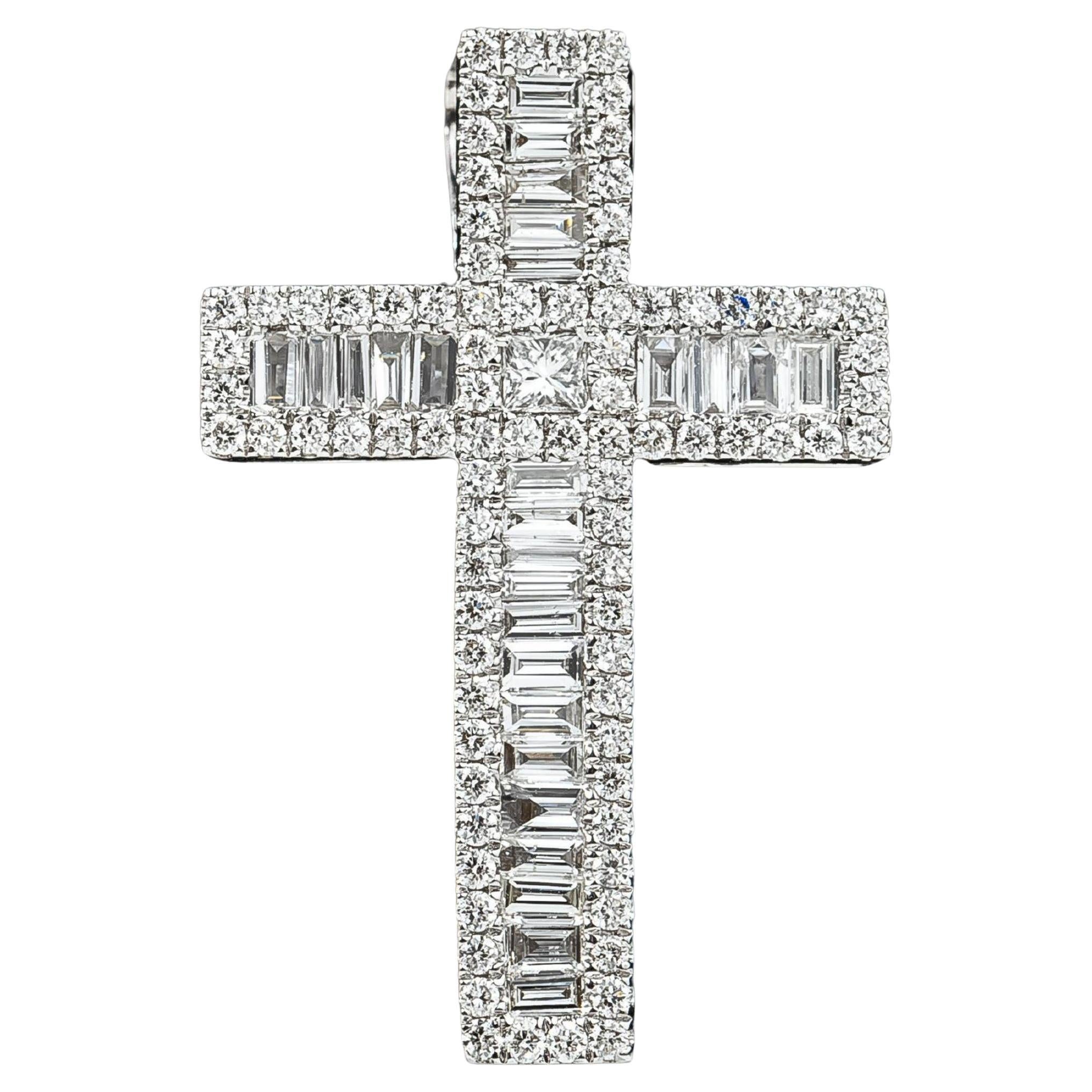0.80tcw Natural Baguette & Round Diamond Cross Pendant in 18K White Gold
