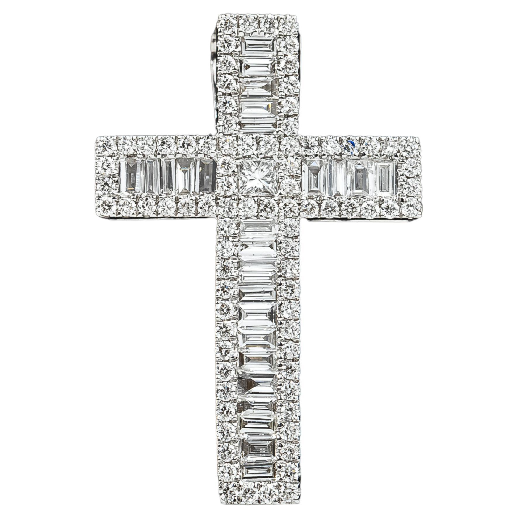 0.8 Total Carat Weight Baguette-Cut Diamond Cross Pendant in 18K White Gold