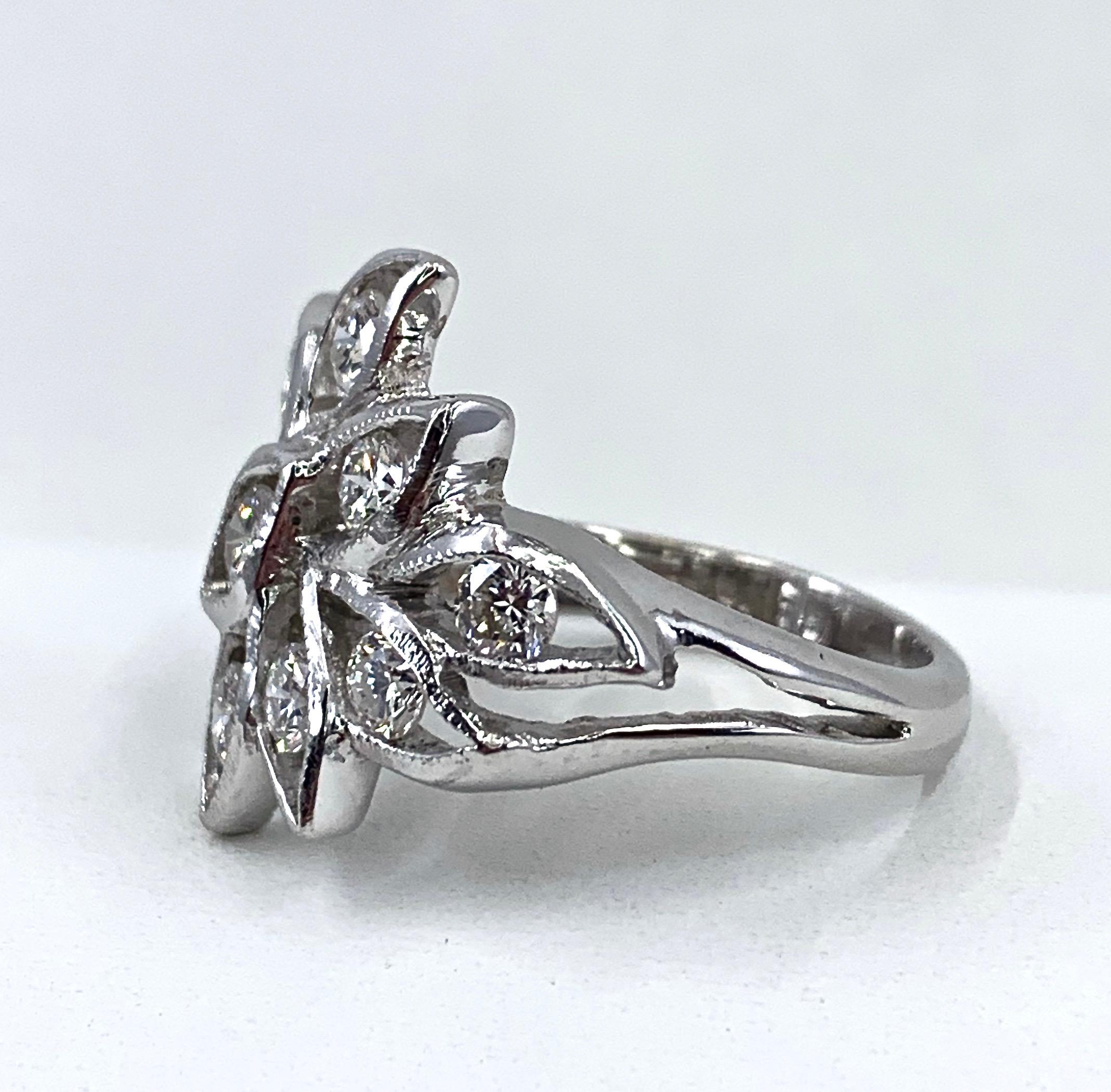 Brilliant Cut 0.80 Carat Abstract Openwork Leafy Diamond Ring in 18 Karat White Gold For Sale