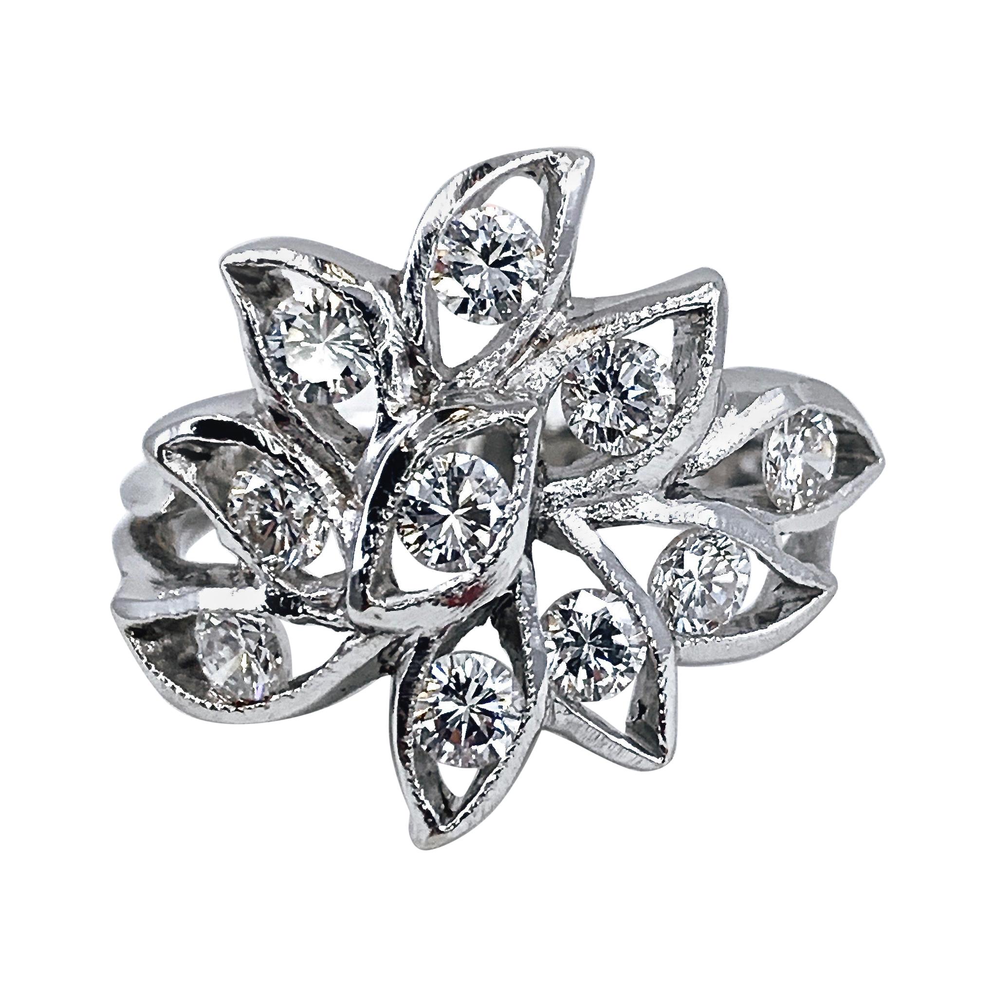 0.80 Carat Abstract Openwork Leafy Diamond Ring in 18 Karat White Gold For Sale