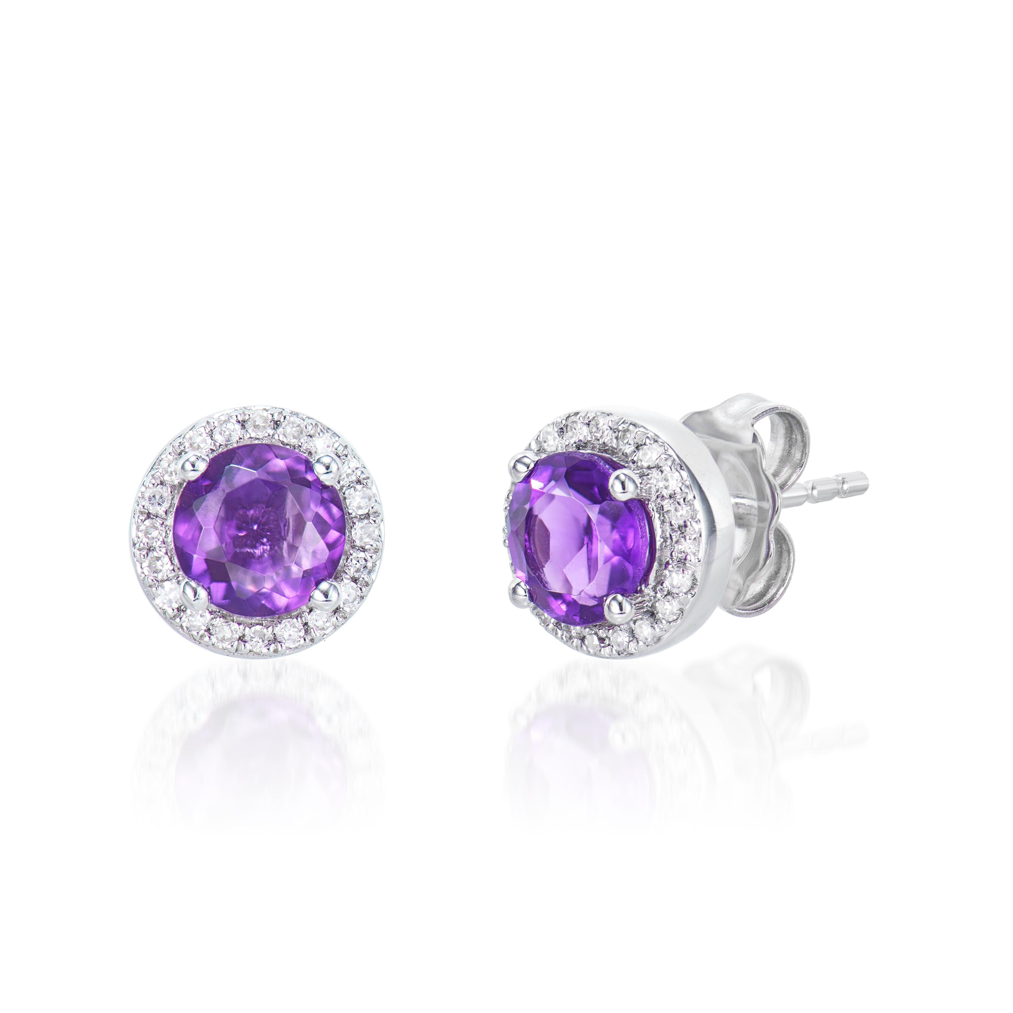 Round Cut 0.80 Carat Amethyst Stud Earrings in 18Karat White Gold with White Diamond. For Sale