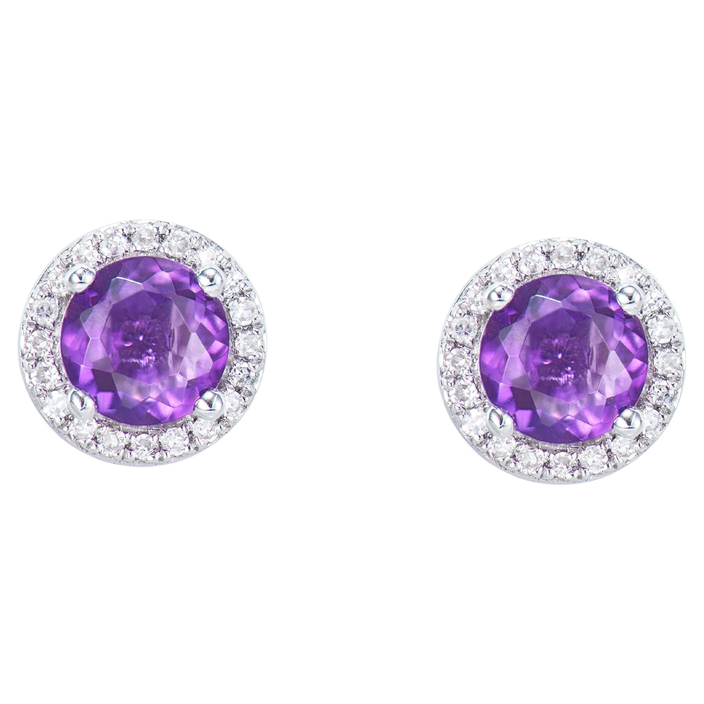 0,80 Karat Amethyst-Ohrstecker aus 18 Karat Weißgold mit weißem Diamanten.