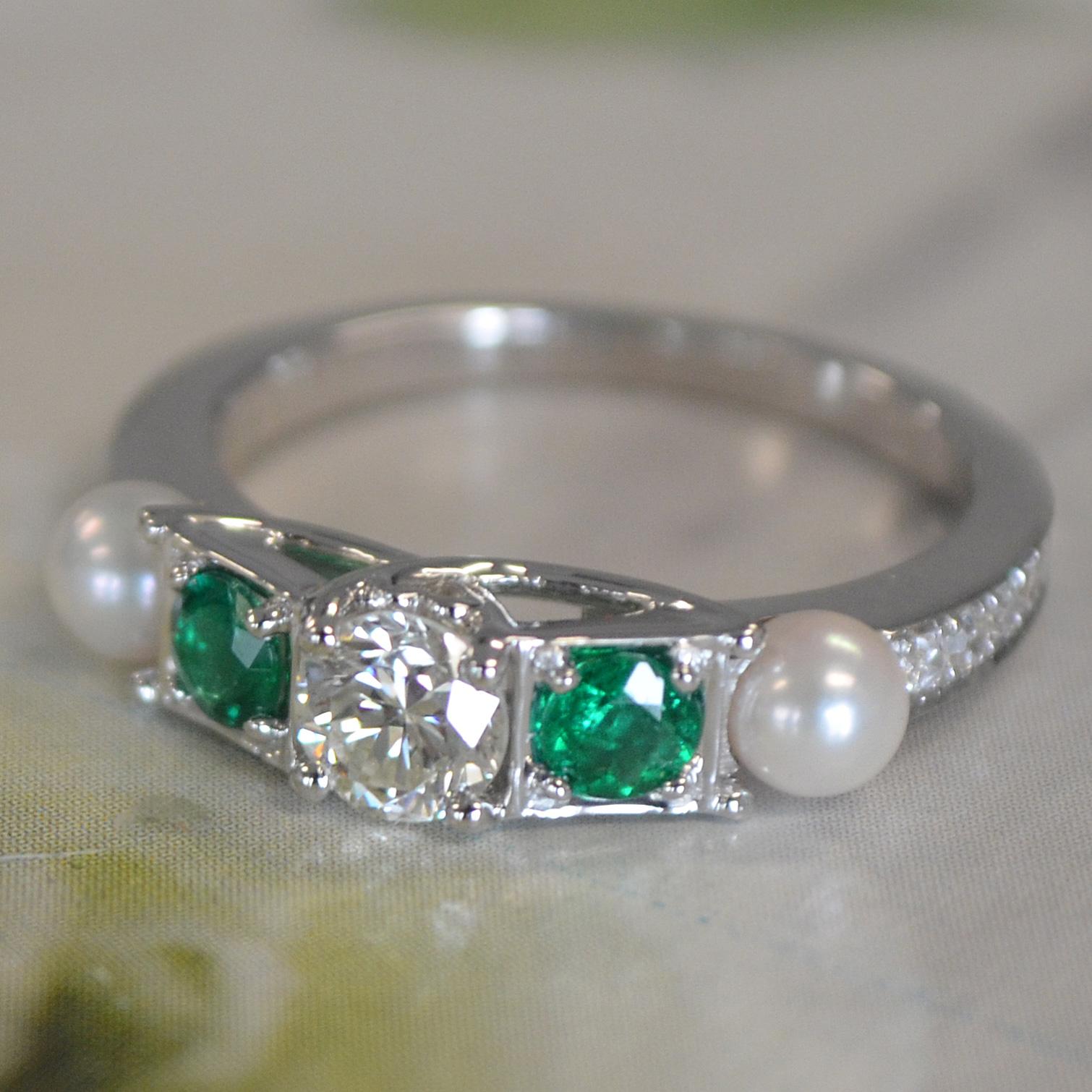 Modern 0.80 Carat Approximate Diamond, Emerald, Pearl Ring, Ben Dannie Design For Sale