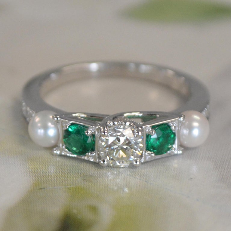 Emerald Cut 0.80 Carat Approximate Diamond, Emerald, Pearl Ring, Ben Dannie Design For Sale