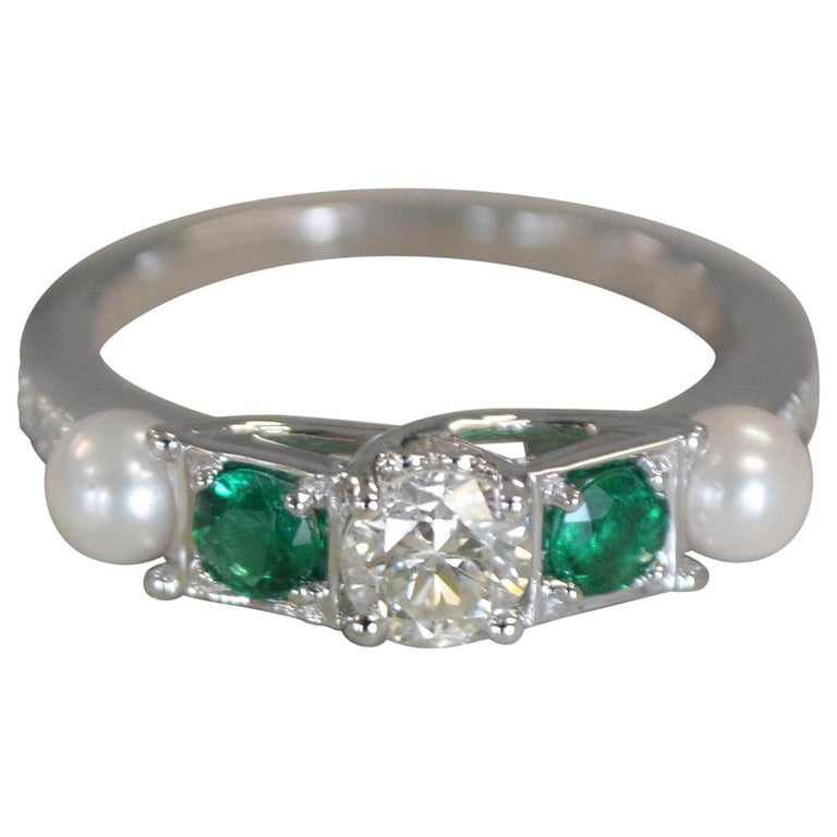 0.80 Carat Approximate Diamond, Emerald, Pearl Ring, Ben Dannie Design For Sale