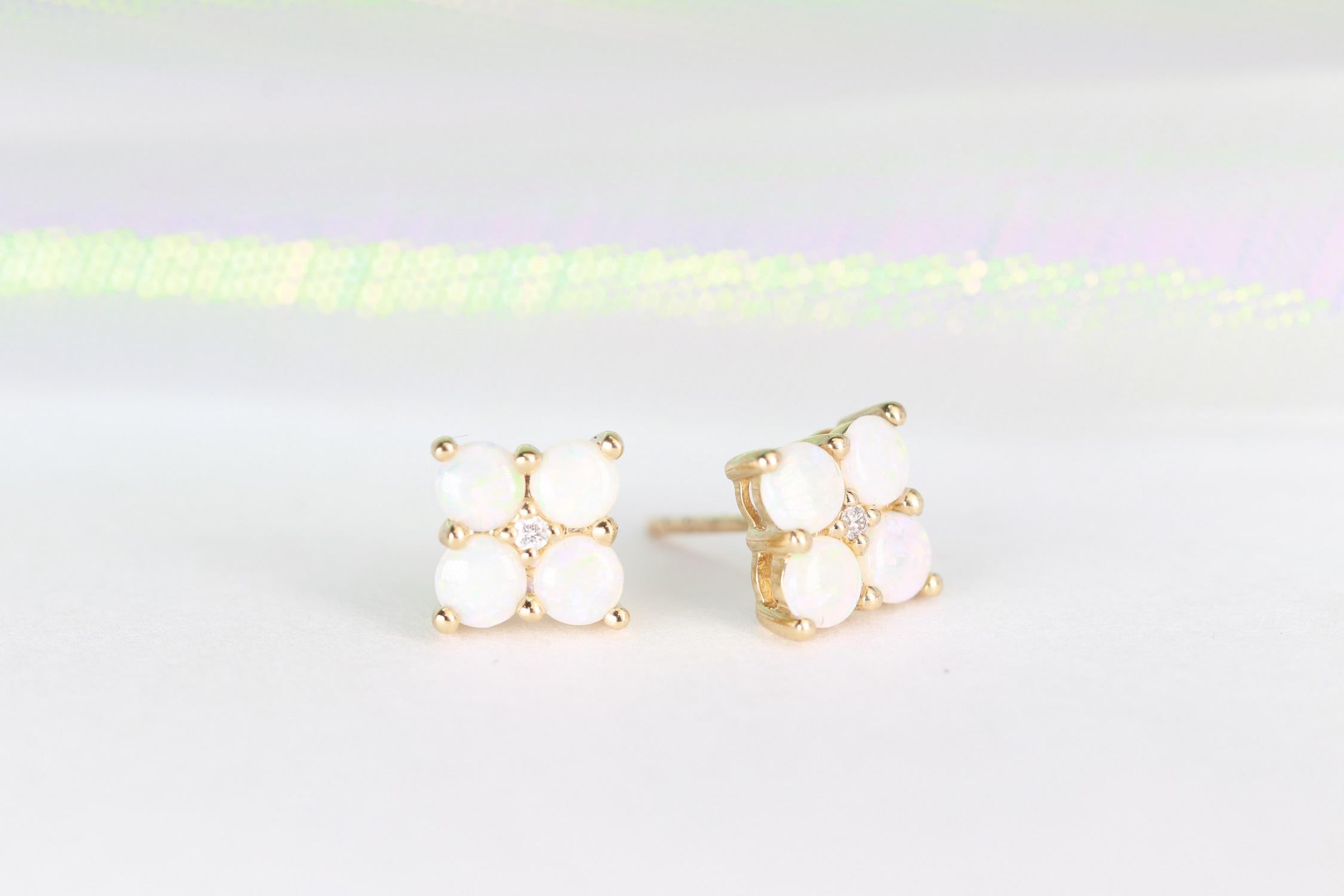 Art Deco 0.80 Carat Australian Opal Round Cab and Diamond 10K Yellow Gold Stud Earring