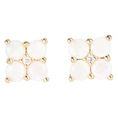 Vintage 0.80 Carat Australian Opal Round Cab and Diamond 10K Yellow Gold Stud Earring