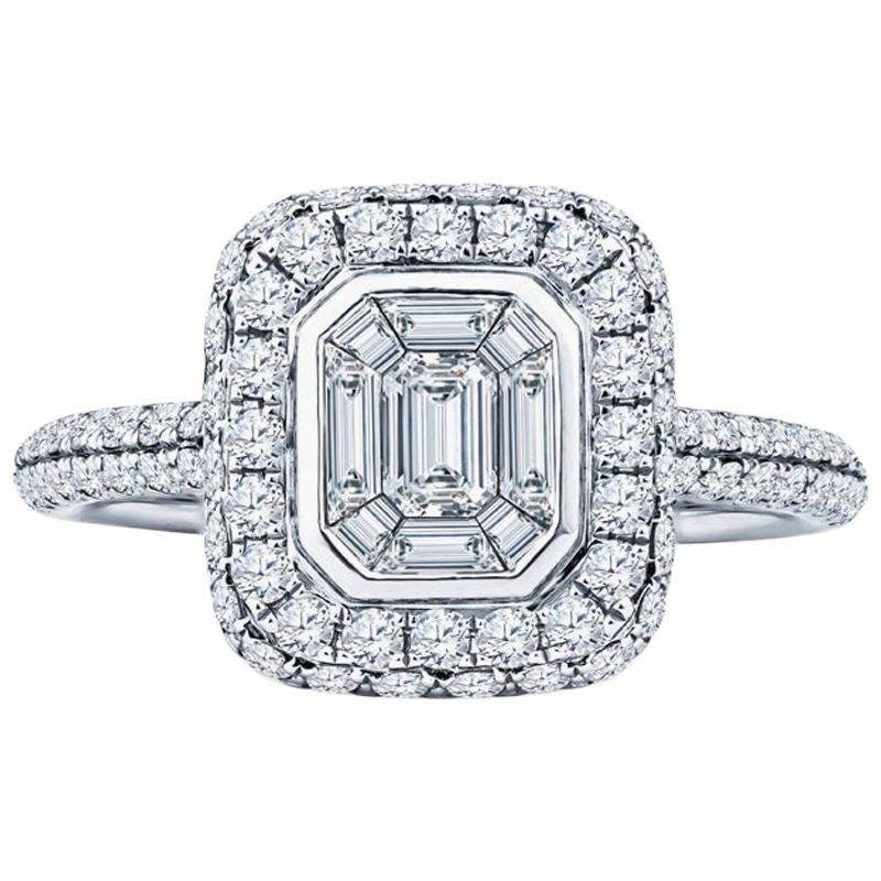 0.80 Carat Baguette and Round Diamond 18 Karat White Gold Engagement Ring