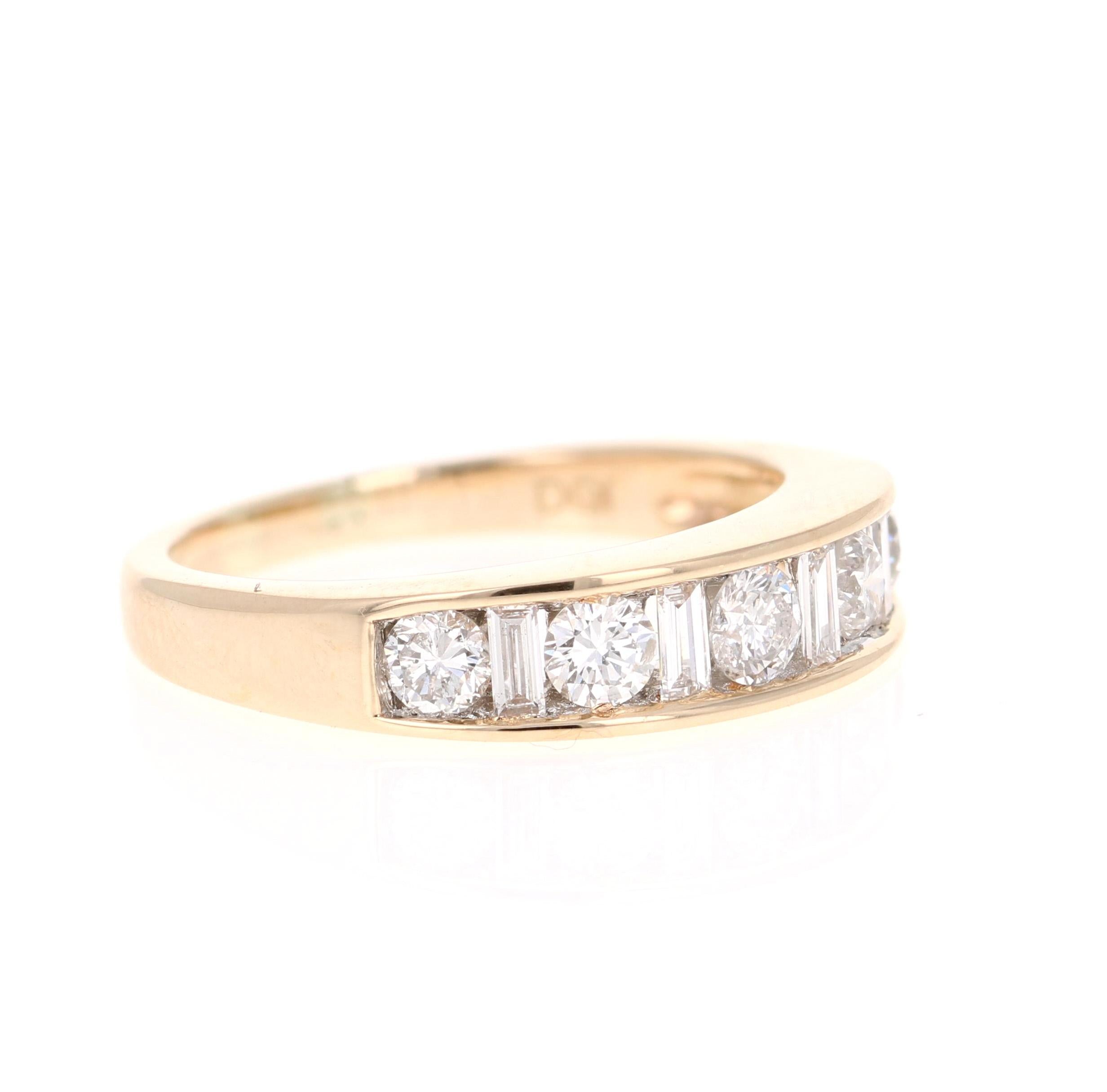 
Unique and Beautiful Diamond Band! 

This band has 5 Round Cut Diamonds weighing 0.60 Carats and 6 Baguette Cut Diamonds weighing 0.20 Carats. The total carat weight of the band is 0.80 Carats. 

The ring is set in 14 Karat Yellow Gold and weighs