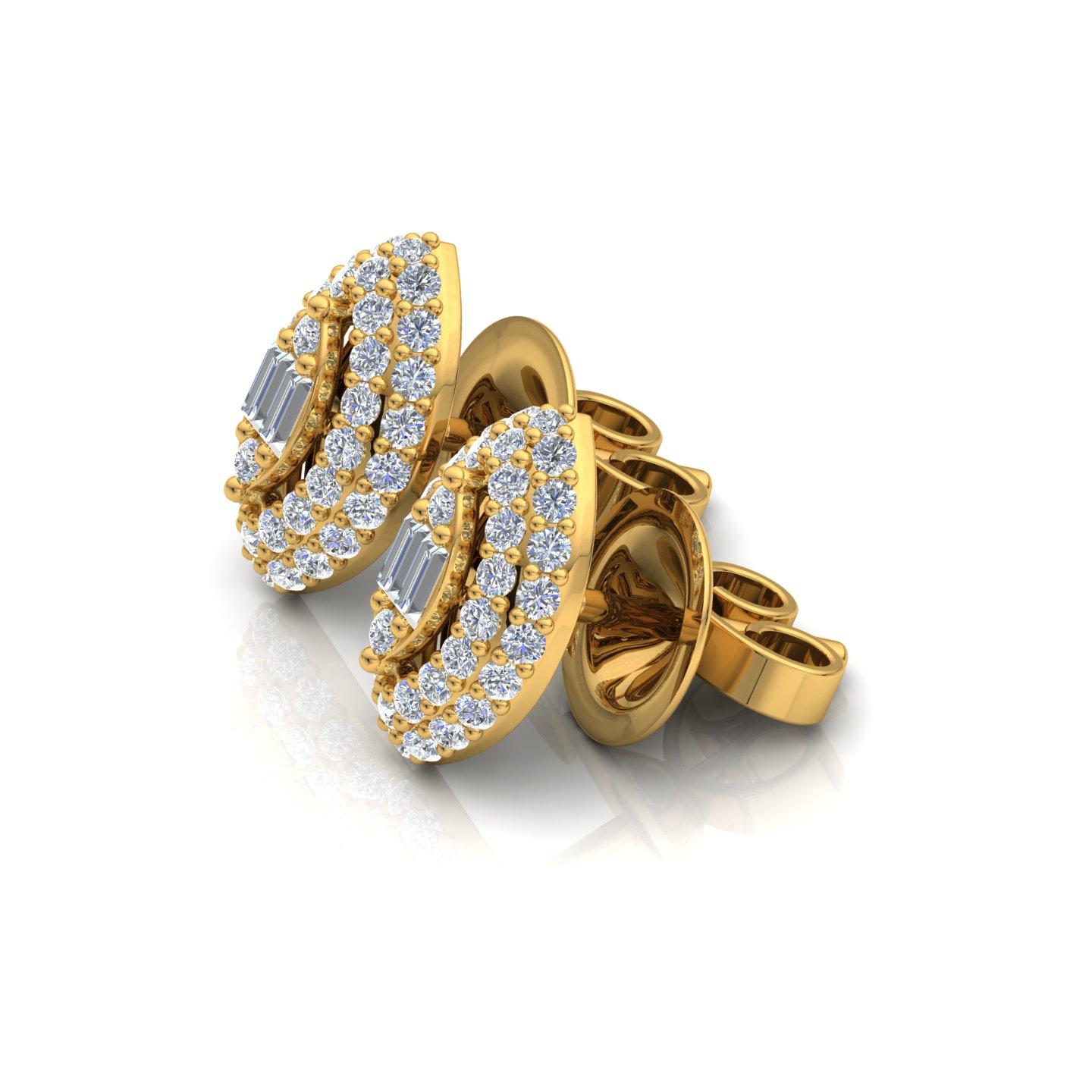 Modern 0.80 Carat Baguette & Round Diamond Stud Earrings 18k Yellow Gold Fine Jewelry For Sale