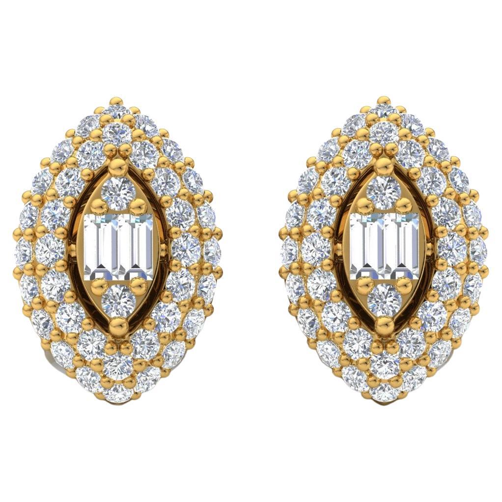 0.80 Carat Baguette & Round Diamond Stud Earrings 18k Yellow Gold Fine Jewelry For Sale