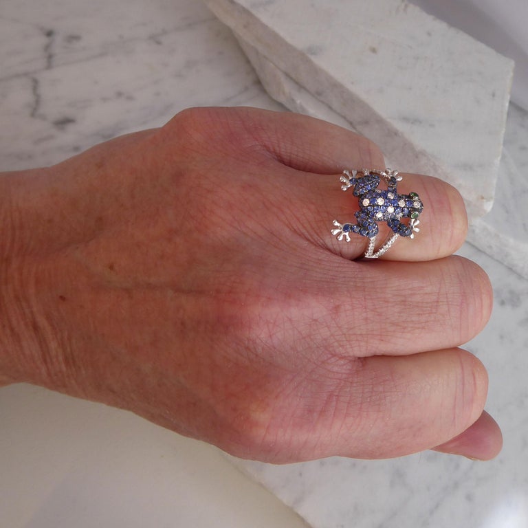 0.80 Carat Blue Sapphire and 0.30 Carat Diamond Frog Ring, White Gold ...