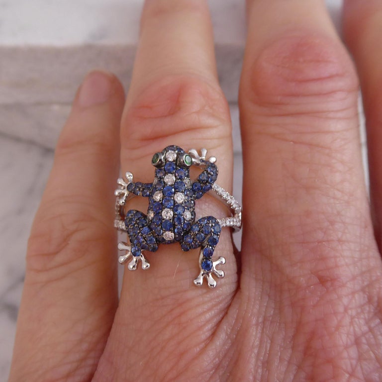 0.80 Carat Blue Sapphire and 0.30 Carat Diamond Frog Ring, White Gold ...