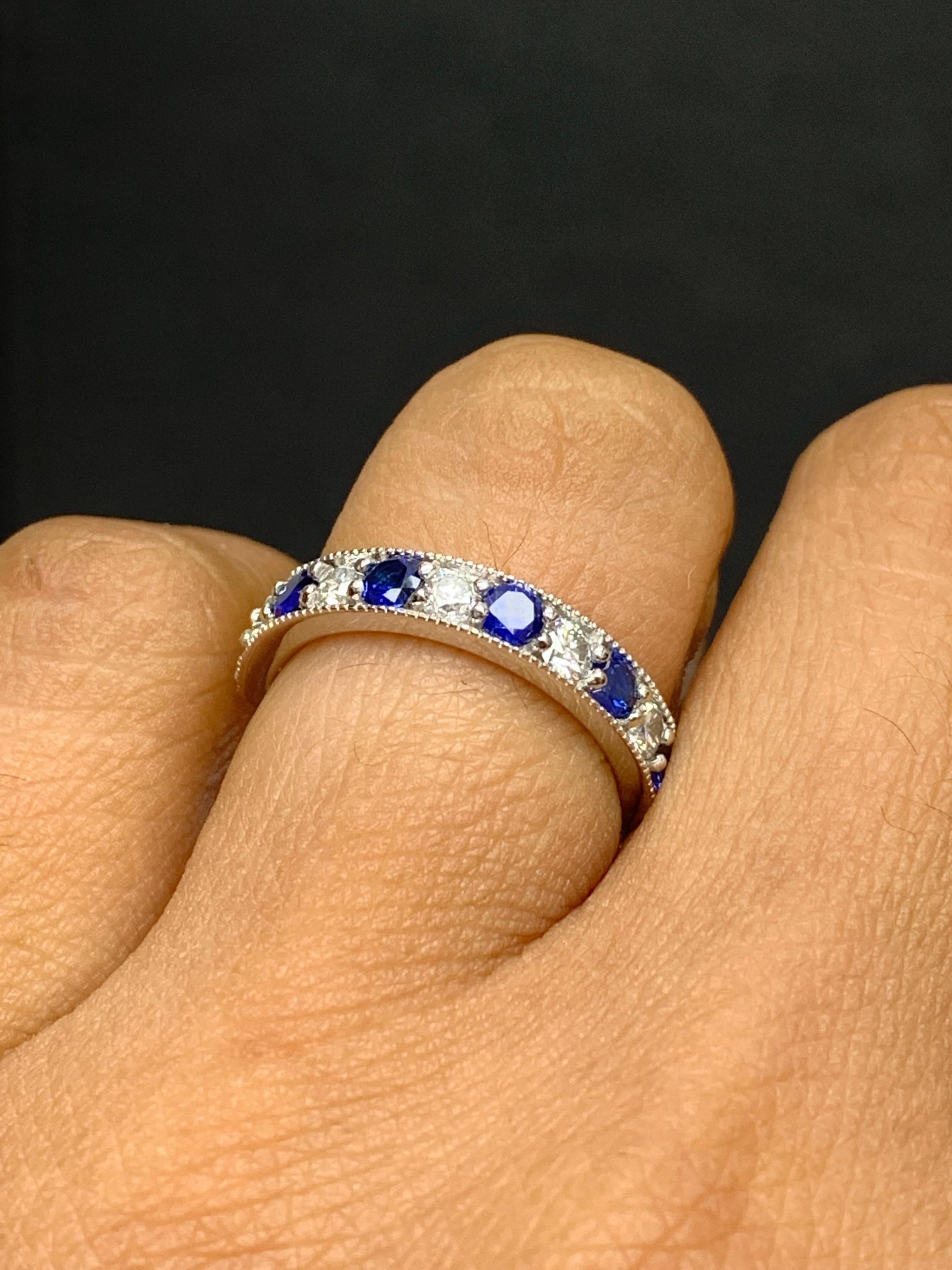 Contemporary 0.80 Carat Brilliant Cut Blue Sapphire and Diamond Band in 14K White Gold For Sale
