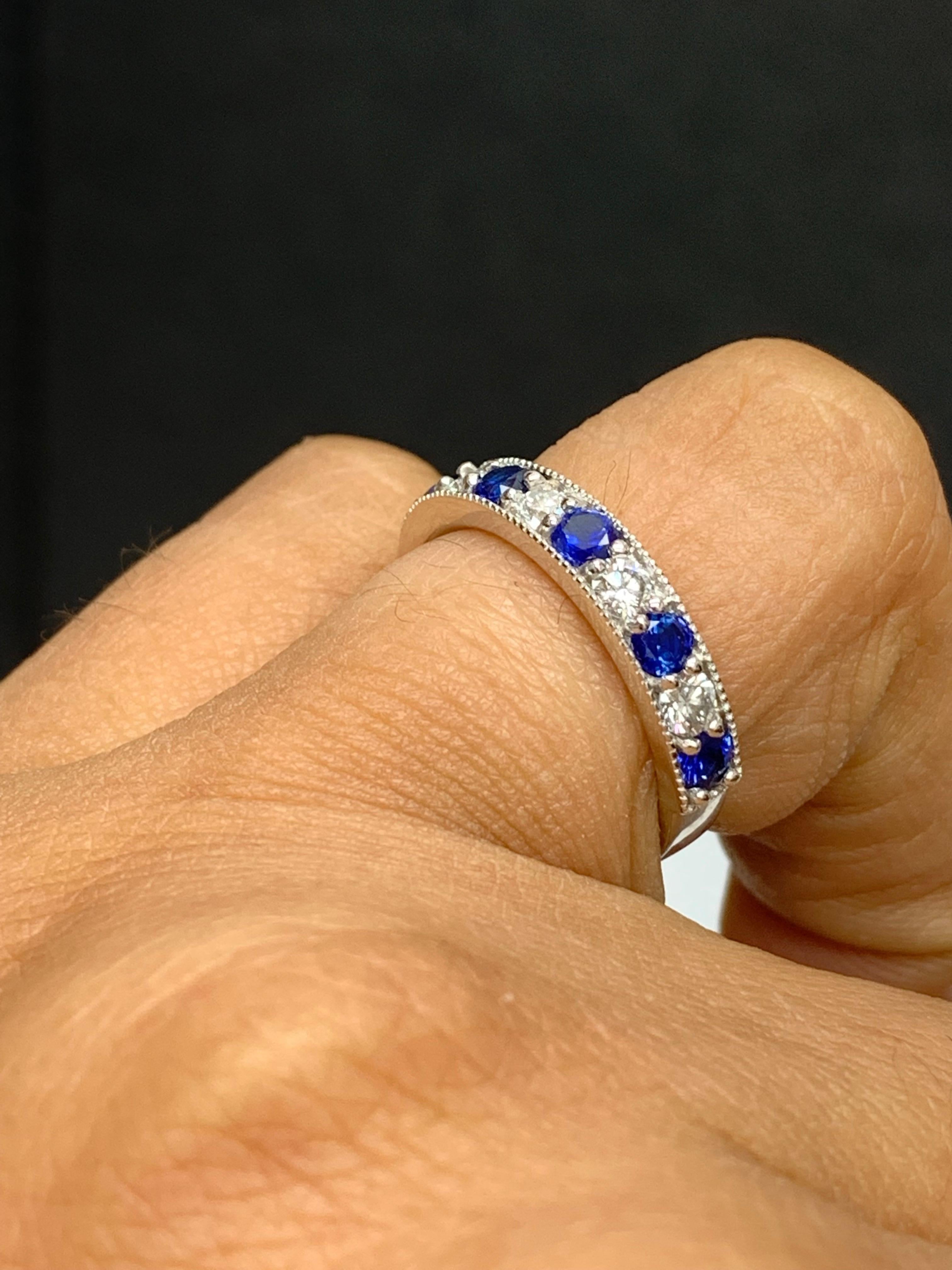0.80 Carat Brilliant Cut Blue Sapphire and Diamond Band in 14K White Gold In New Condition For Sale In NEW YORK, NY