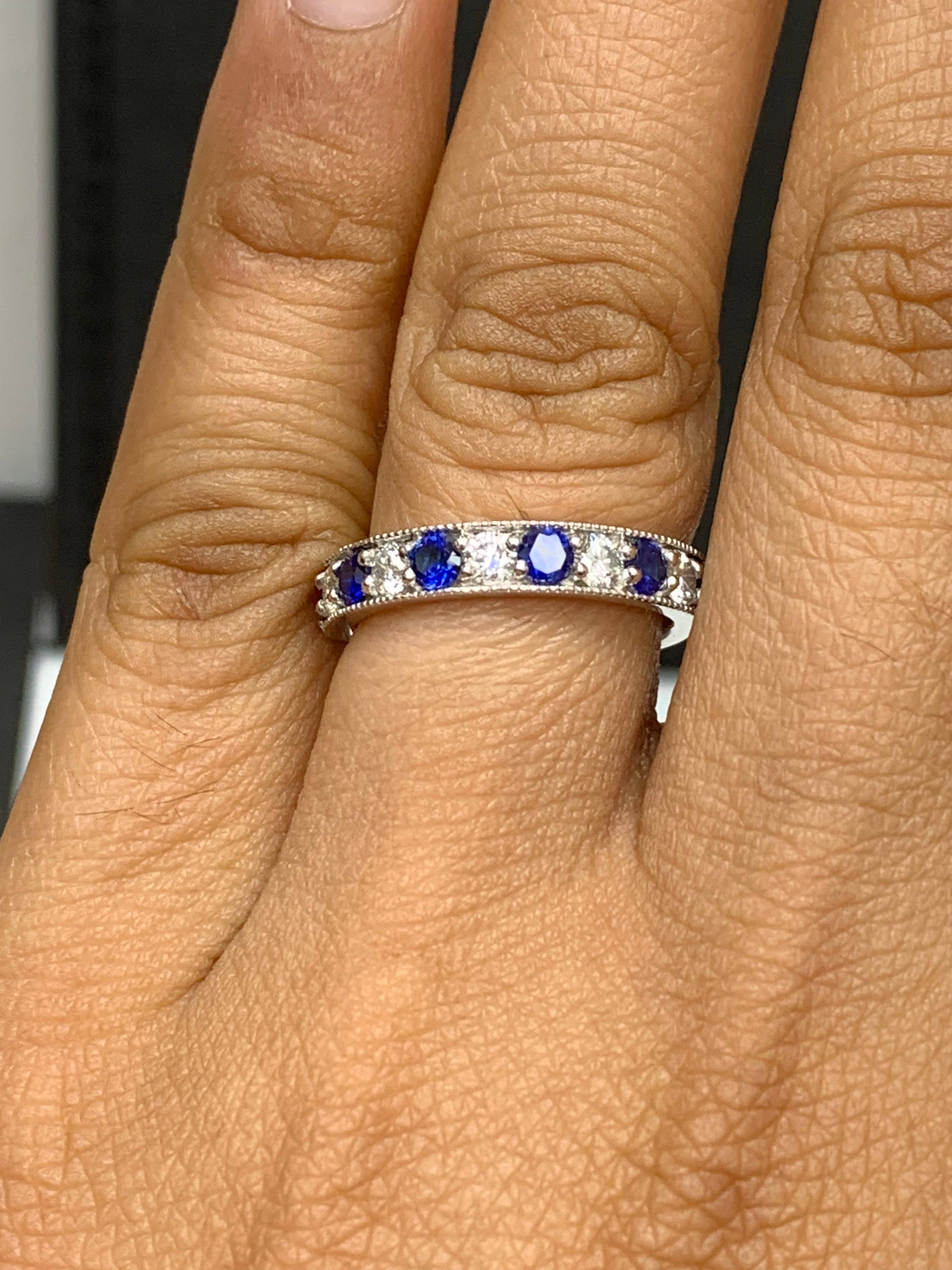 Women's 0.80 Carat Brilliant Cut Blue Sapphire and Diamond Band in 14K White Gold For Sale