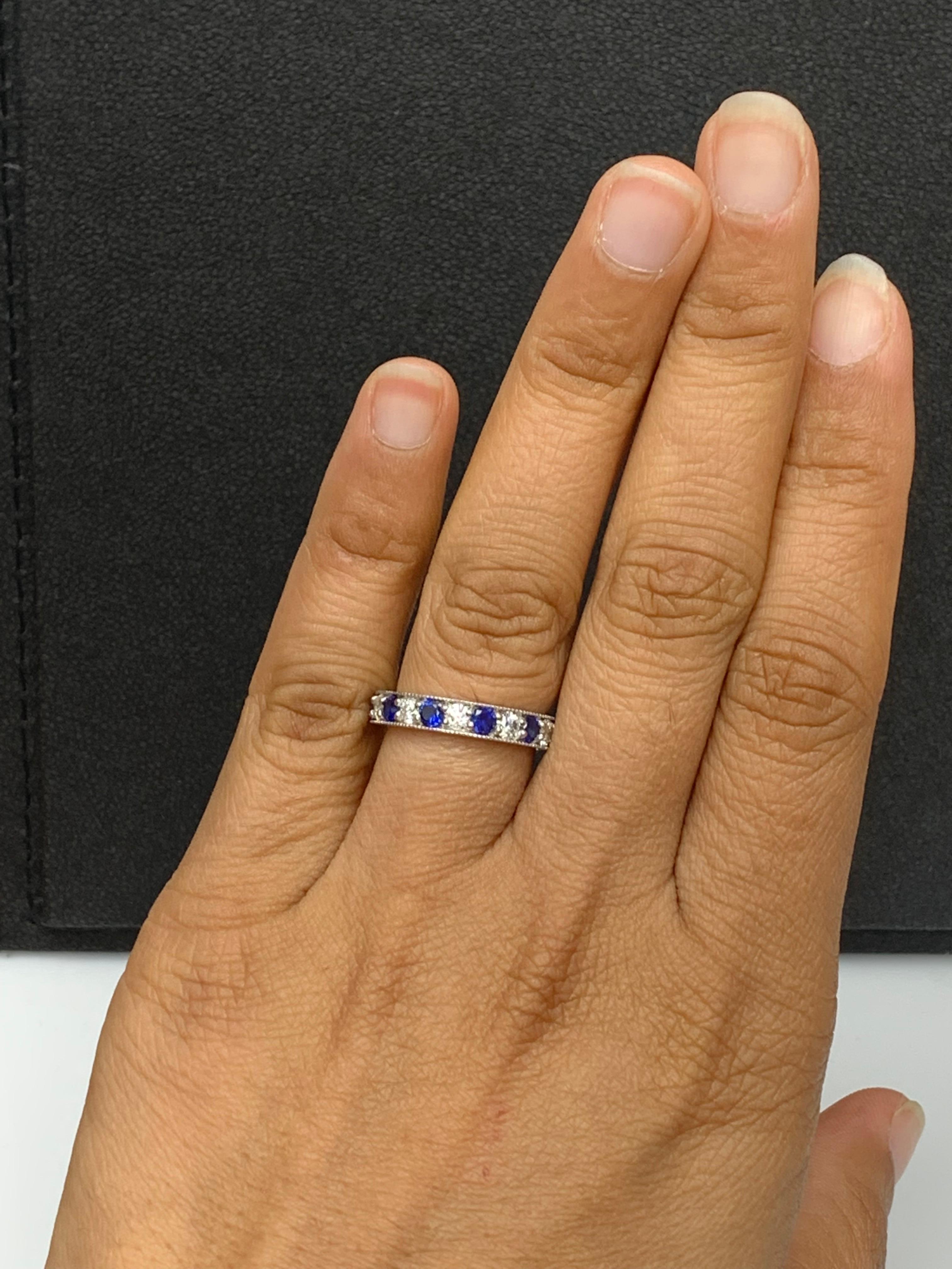 0.80 Carat Brilliant Cut Blue Sapphire and Diamond Band in 14K White Gold For Sale 1