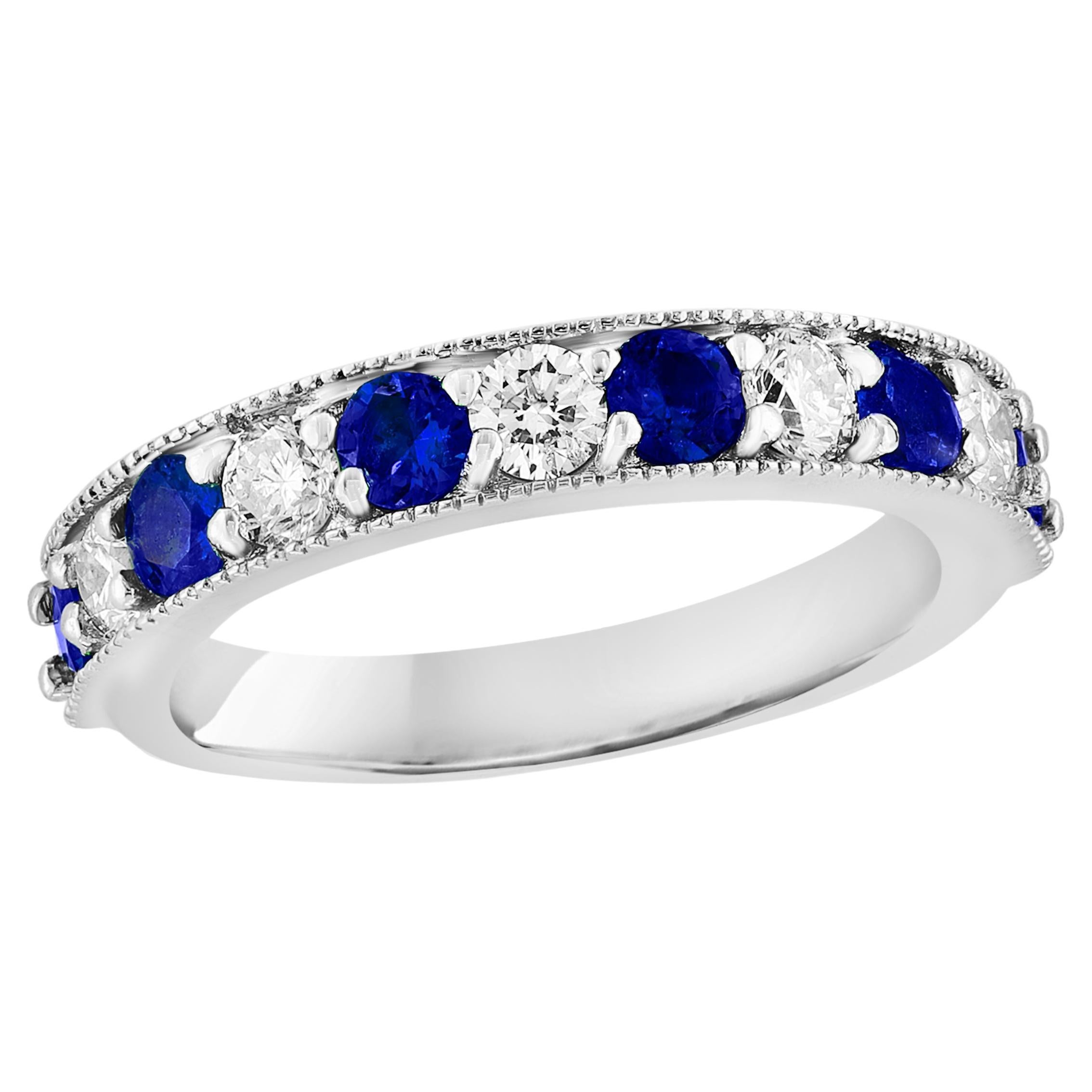 0.80 Carat Brilliant Cut Blue Sapphire and Diamond Band in 14K White Gold For Sale