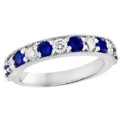 0.80 Carat Brilliant Cut Blue Sapphire and Diamond Band in 14K White Gold