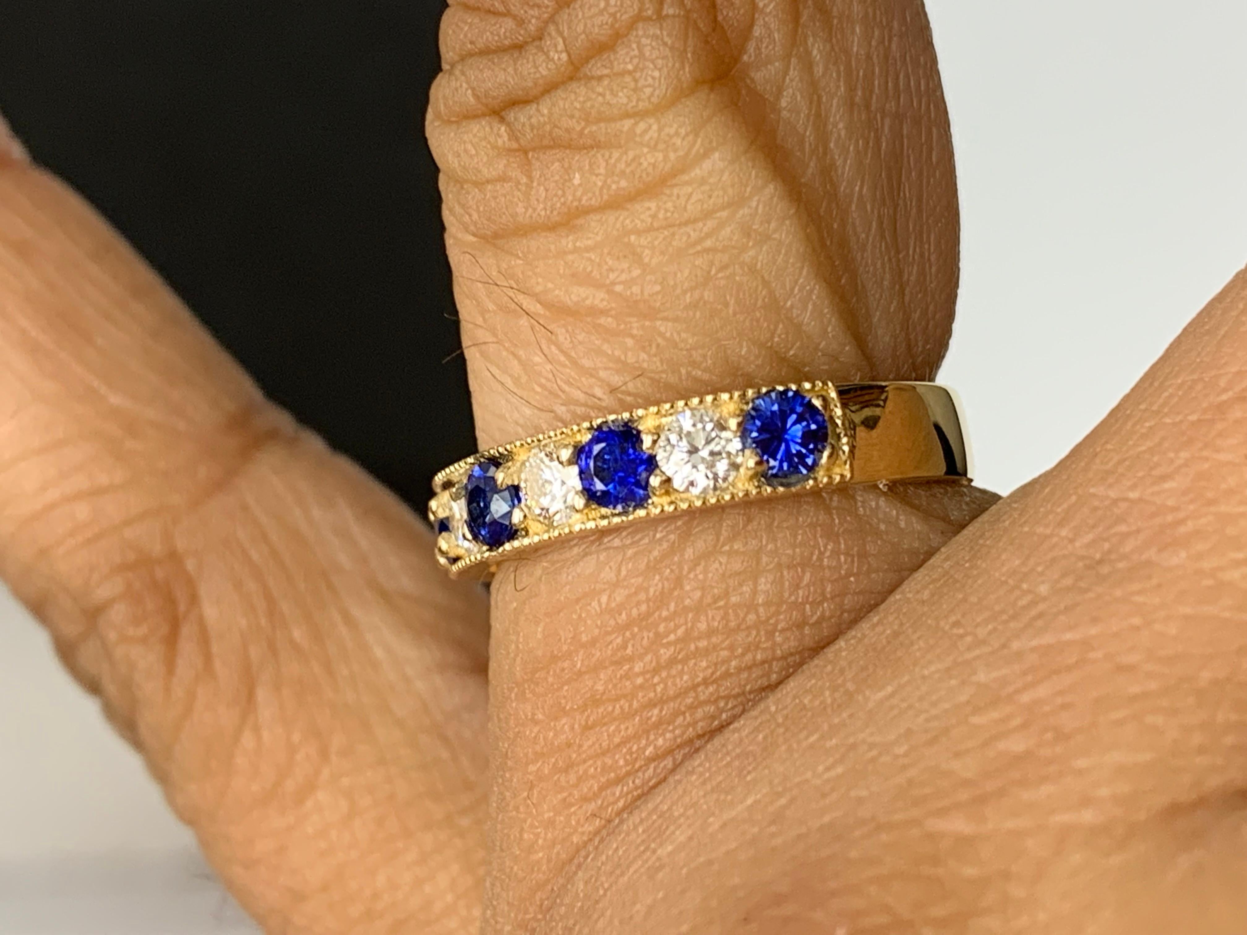 Contemporary 0.80 Carat Brilliant Cut Blue Sapphire and Diamond Band in 14K Yellow Gold For Sale