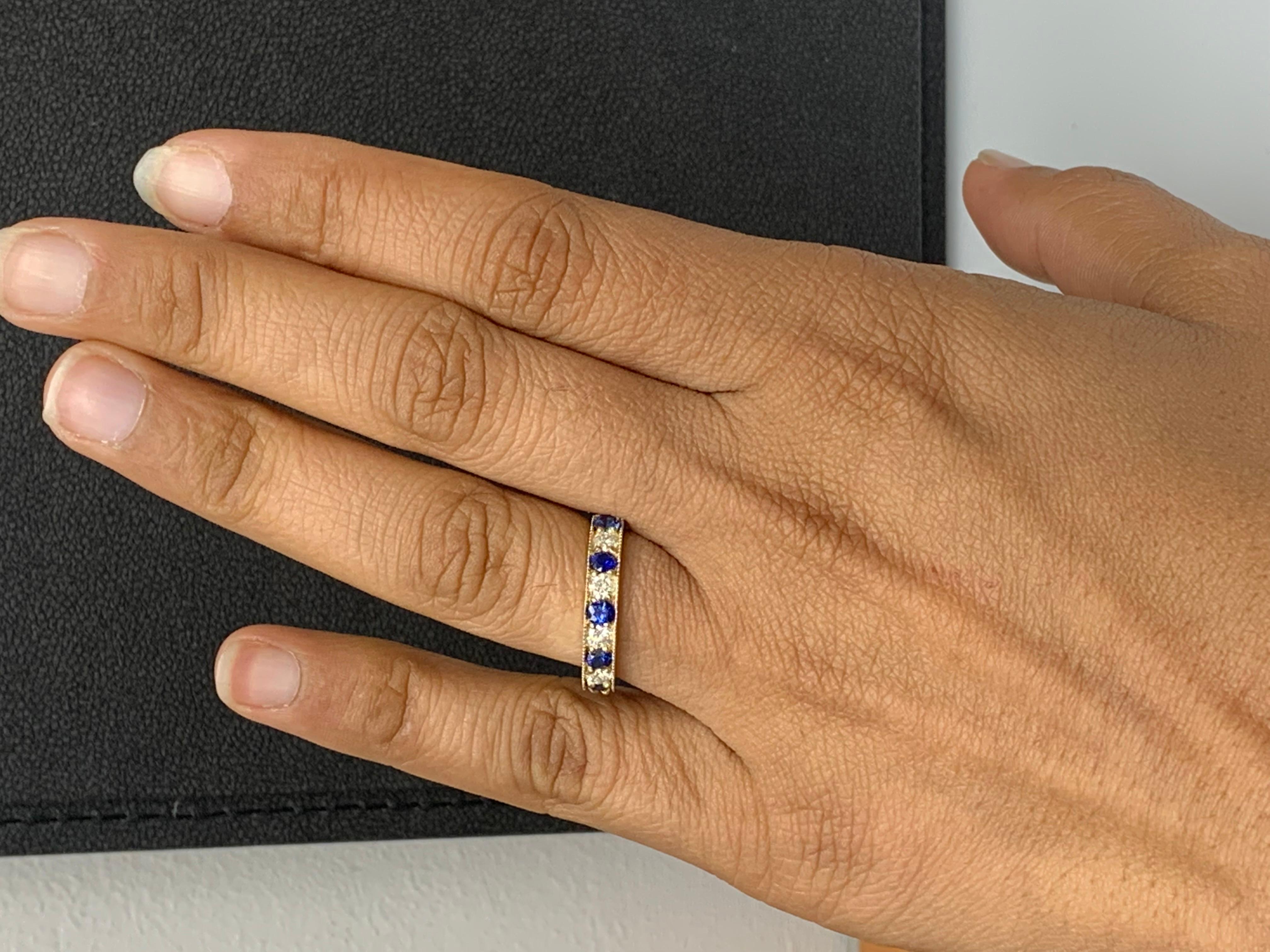 0.80 Carat Brilliant Cut Blue Sapphire and Diamond Band in 14K Yellow Gold For Sale 3