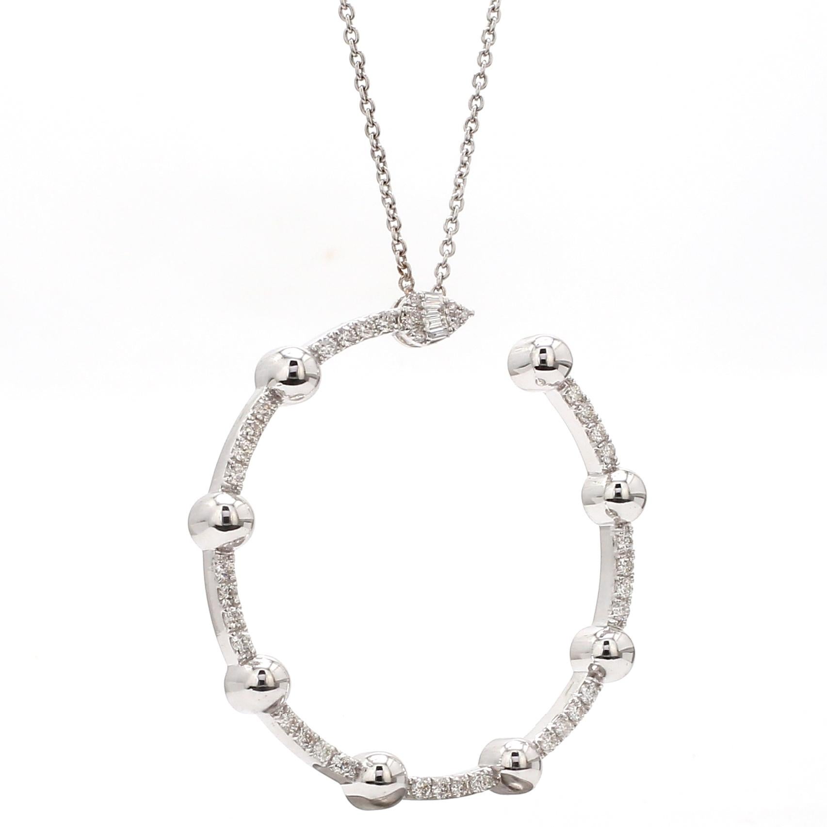 Round Cut 0.80 Carat Diamond Pave Pendant Necklace 18 Karat White Gold Handmade Jewelry For Sale