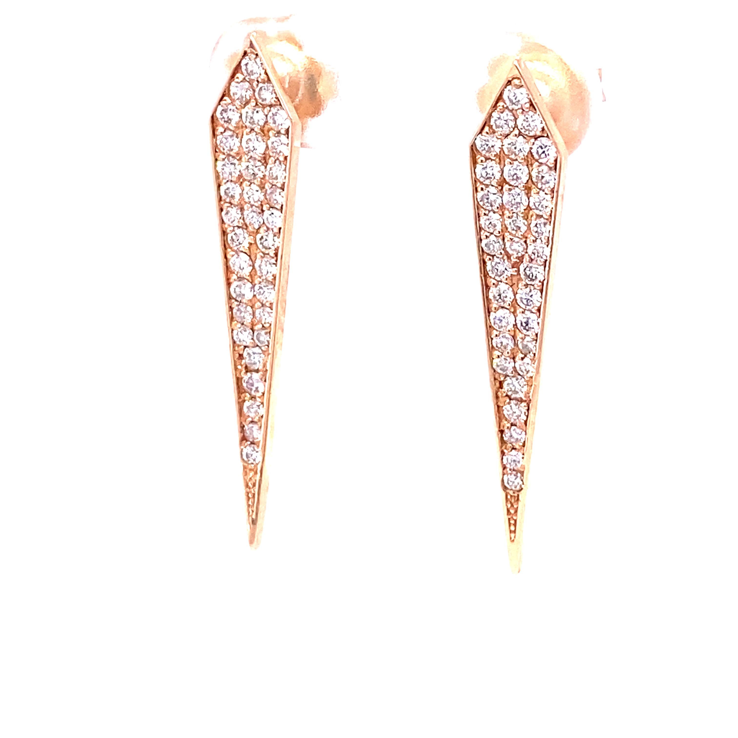 Darling Diamond Dazzlers
These beauties can be worn formally or even casually. 
64 Round Cut Diamonds weighing 0.80 Carats, Clarity: VS, Color: H
14 Karat Rose Gold, 4.9 grams 
Approximately 1.25 inches in length