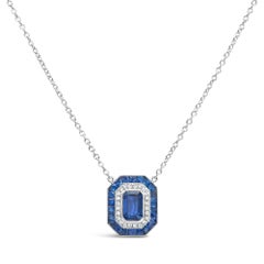 Roman Malakov 0.80 Carat Emerald Cut Blue Sapphire Double Halo Pendant Necklace