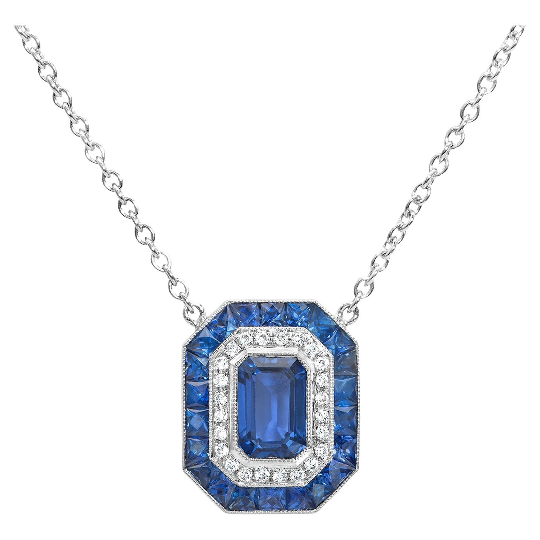 Roman Malakov 0.80 Carat Emerald Cut Blue Sapphire Double Halo Pendant Necklace