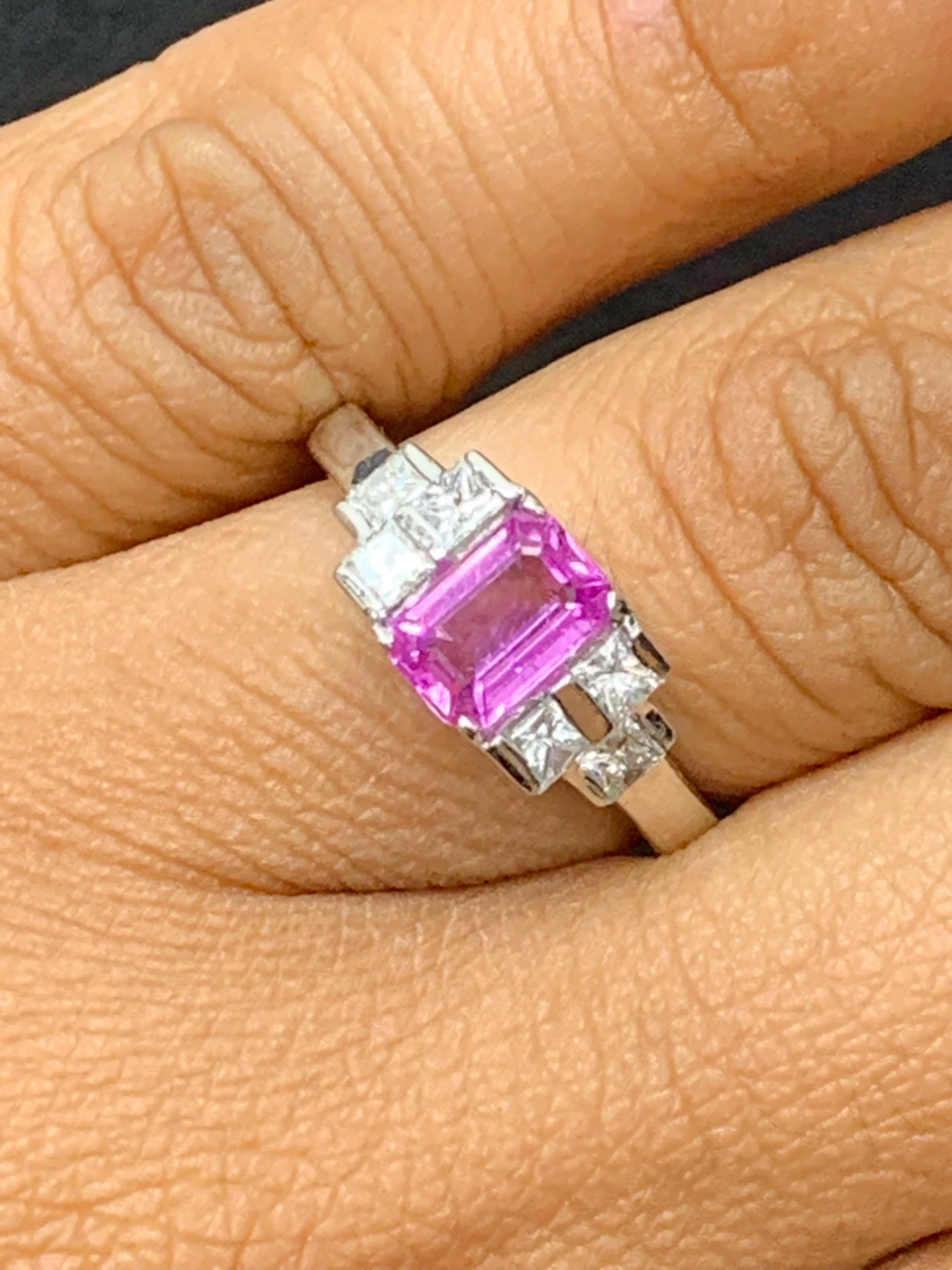 0.80 Carat Emerald Cut Pink Sapphire Diamond Engagement Ring For Sale 5