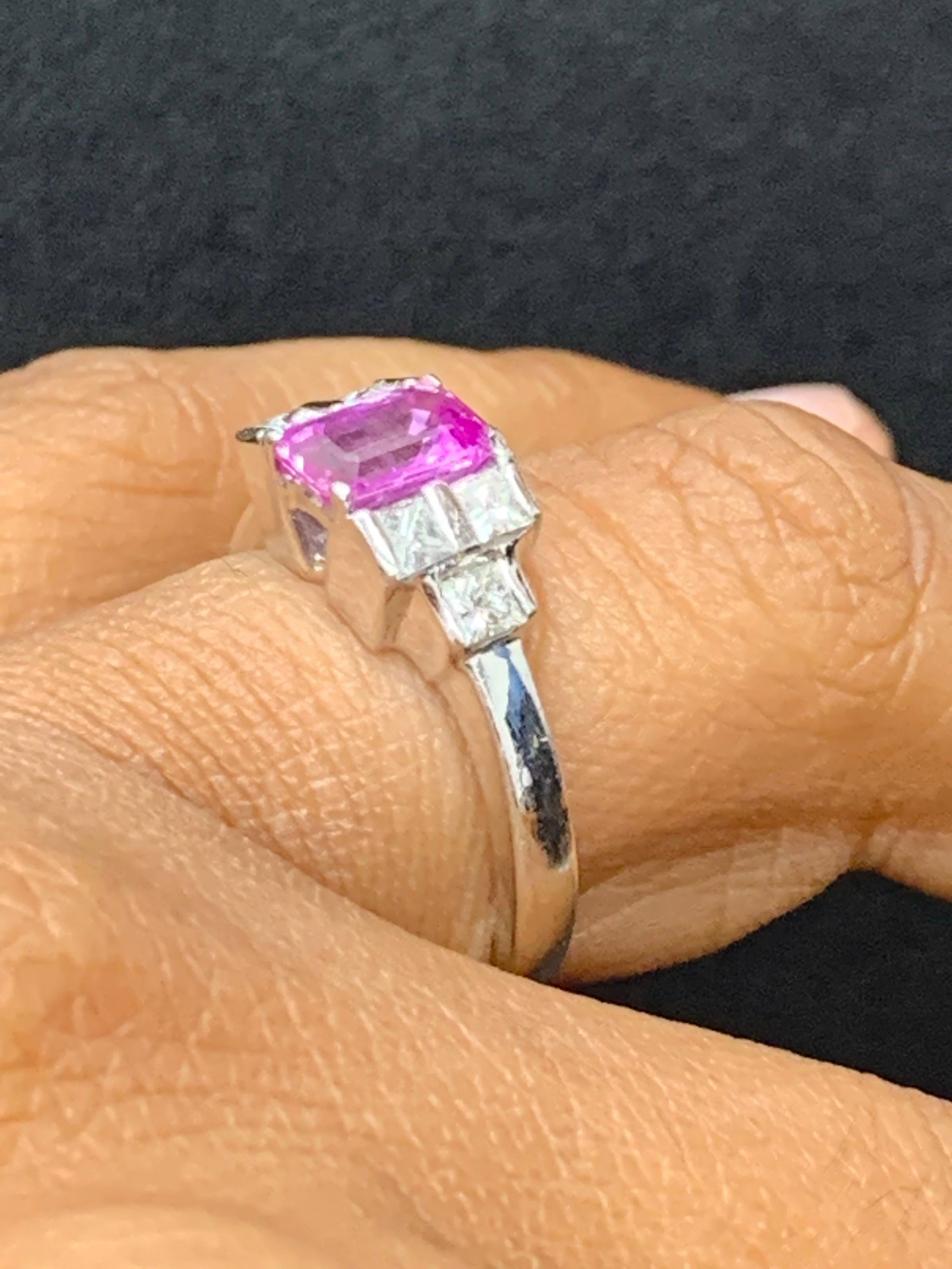 0.80 Carat Emerald Cut Pink Sapphire Diamond Engagement Ring For Sale 6